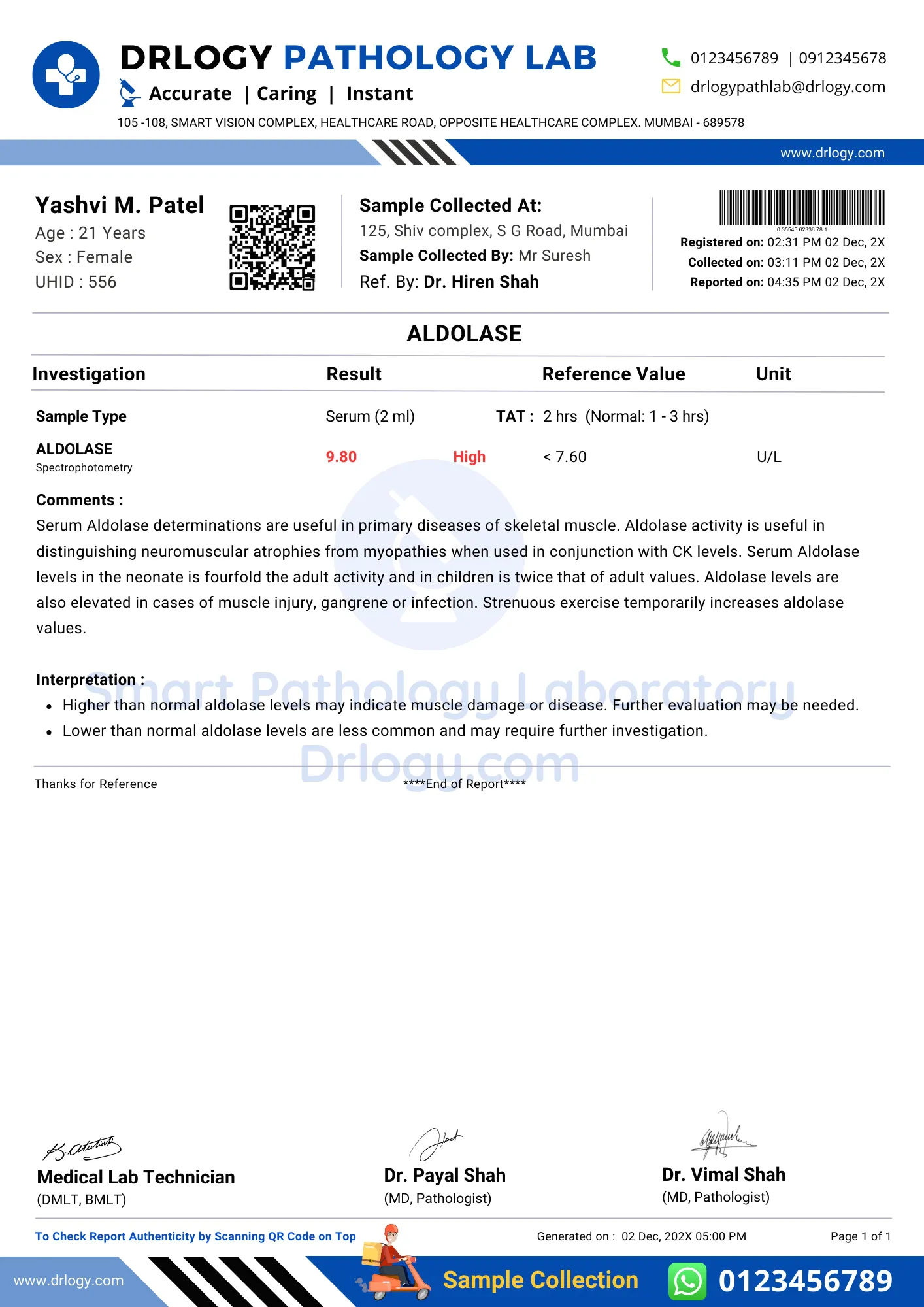 Aldolase Test Abnormal Report Format Example Sample Template - Drlogy Pathology Lab Report Format