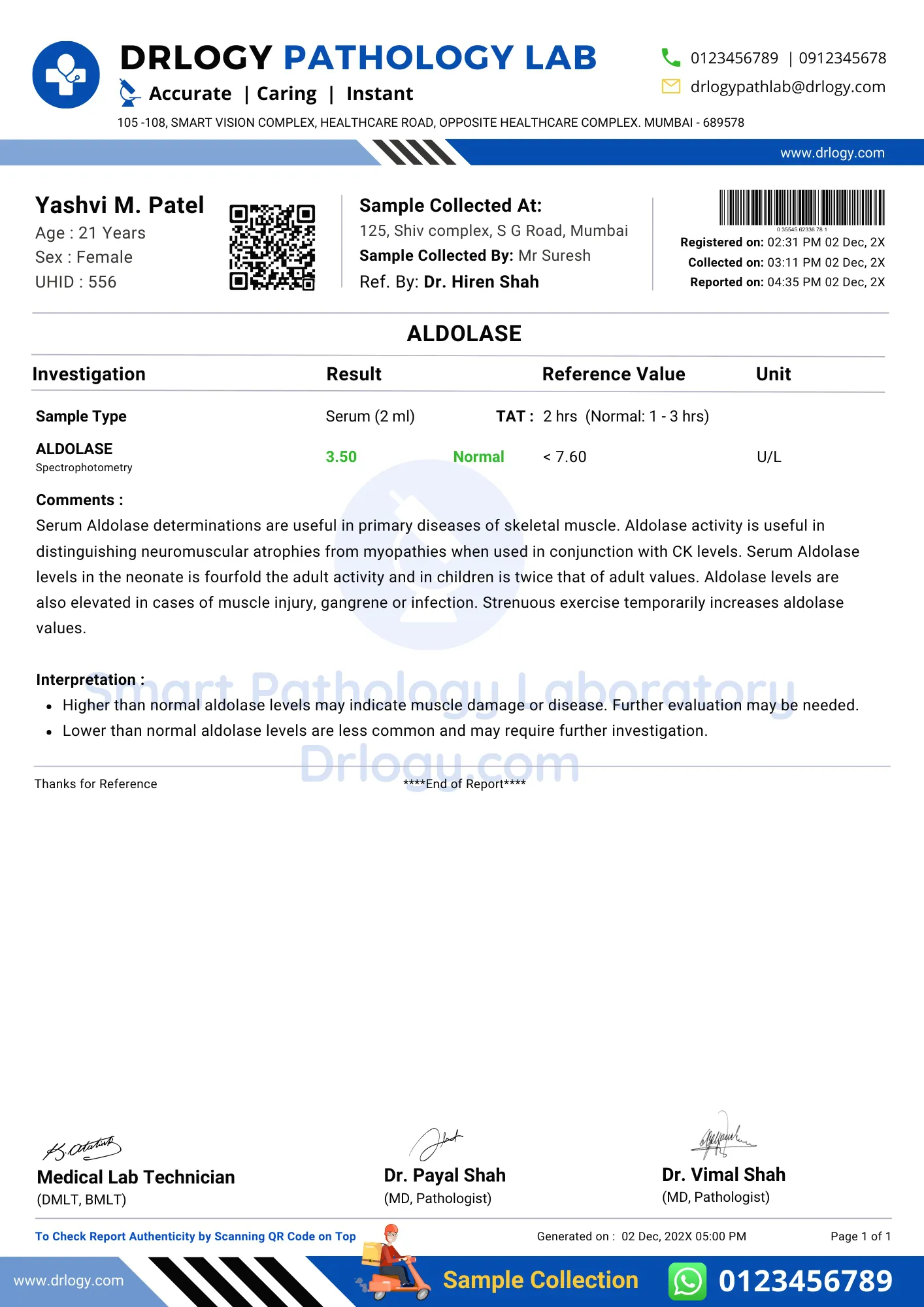 Aldolase Test Normal Report Format Example Sample Template - Drlogy Pathology Lab Report Format