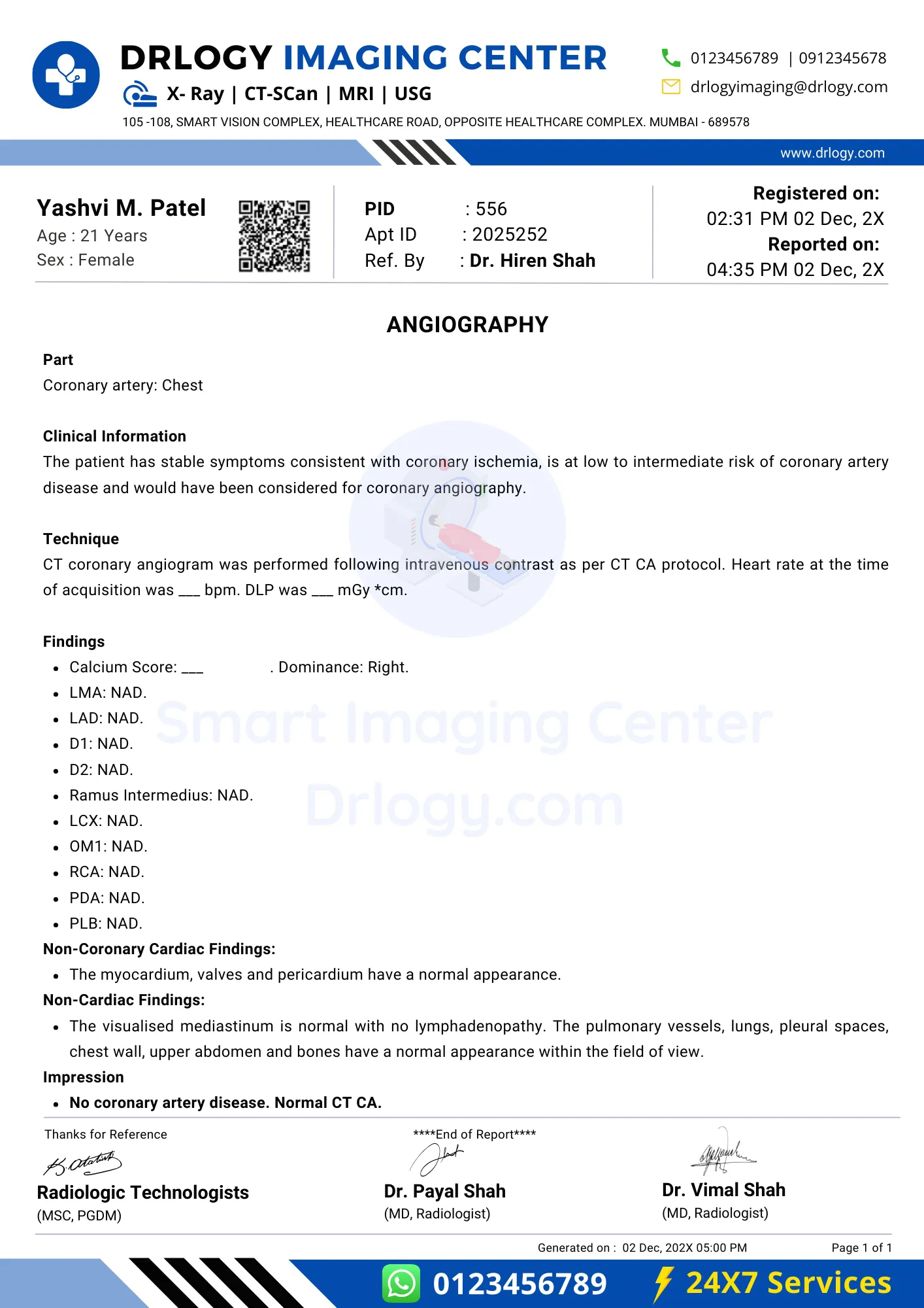 Angiography Report Format Example Sample Template - Drlogy Lab Report