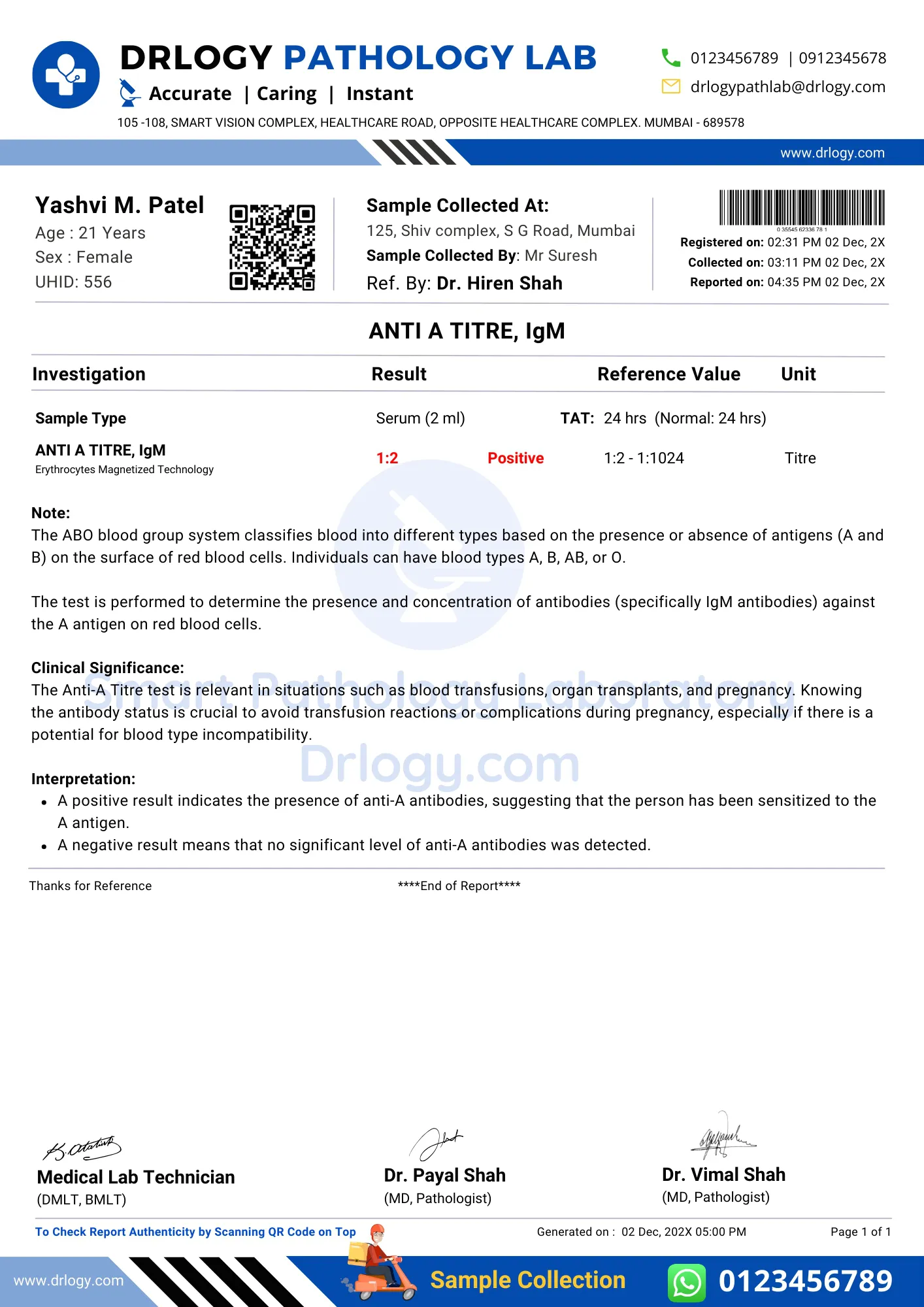 Anti A Titer Test Positive Result report format