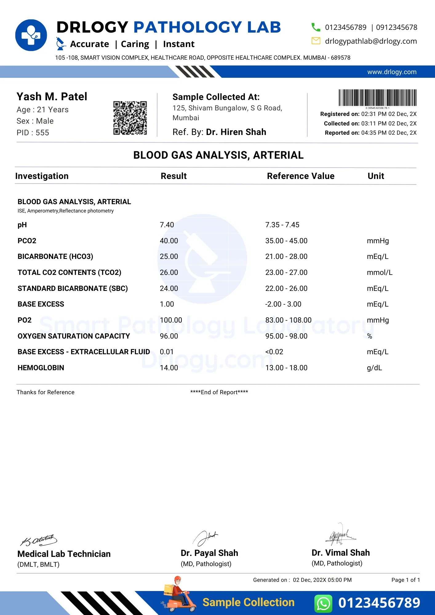 Arterial Blood Gas test report format example sample template- drlogy lab report