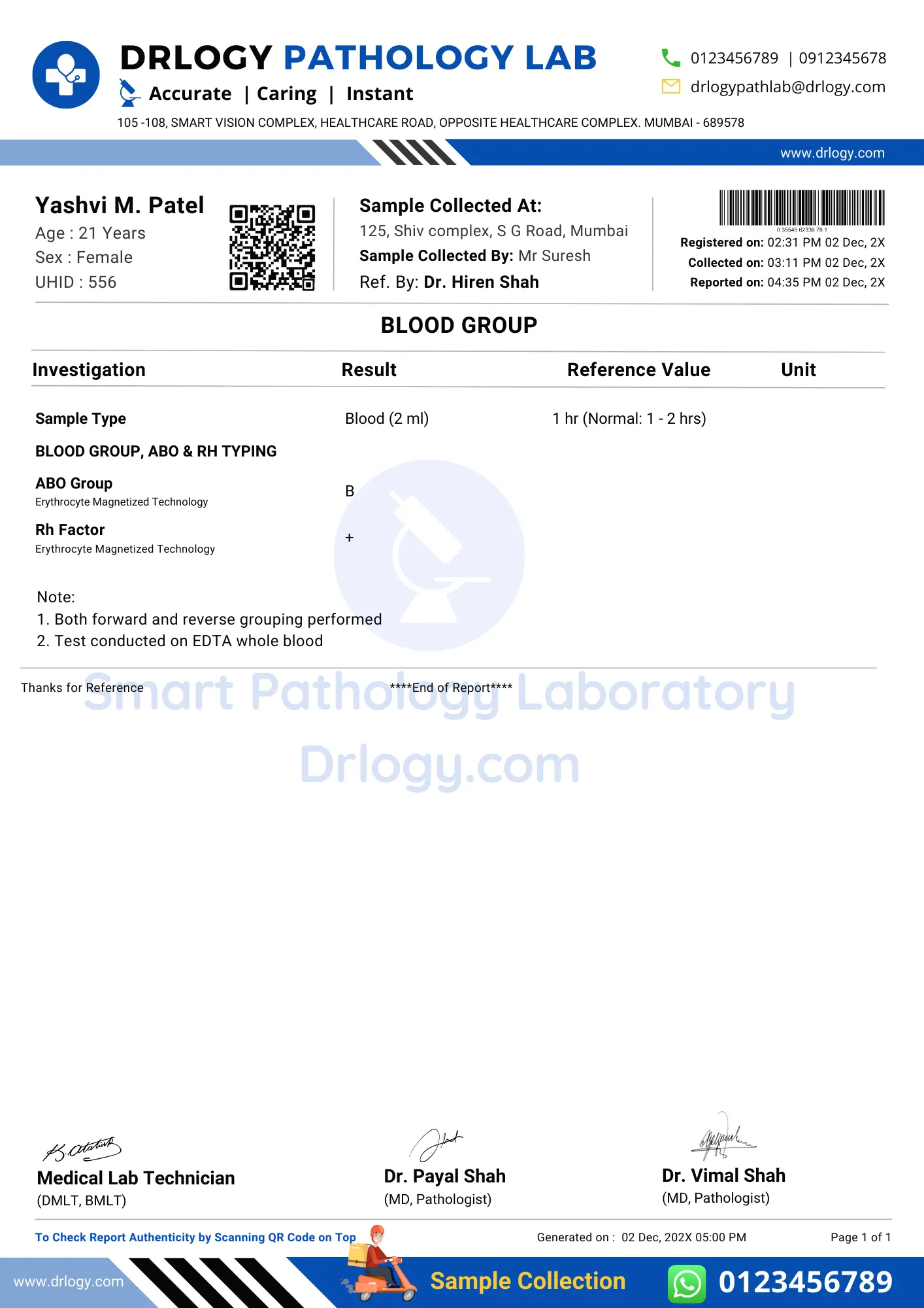 blood group test report format example sample template- drlogy lab report