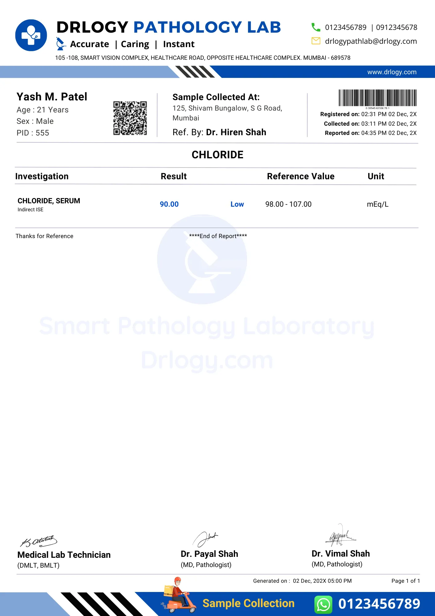 Chloride Blood Test Report Format - Drlogy