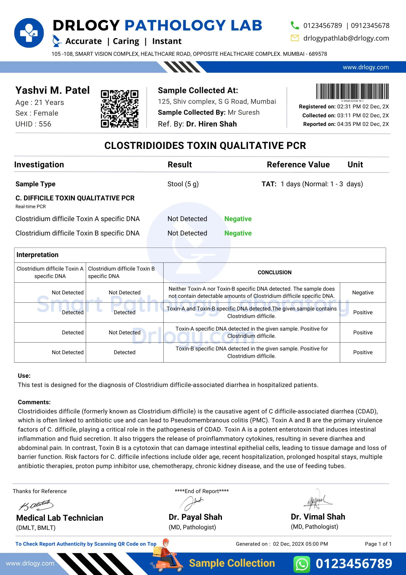 Clostridioides TOXIN QUALITATIVE PCR Test Negative Result Report Format - Drlogy Test