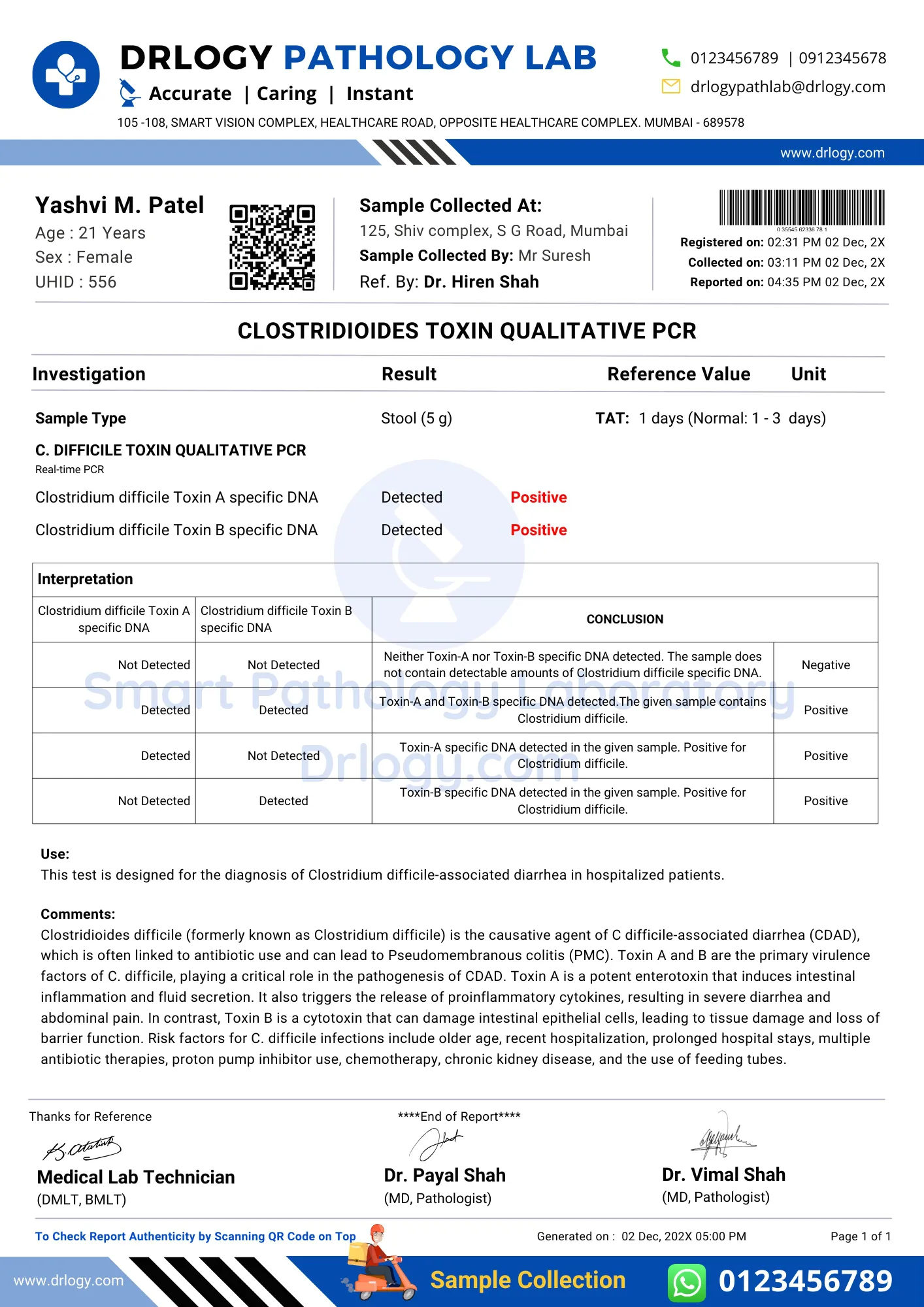 Clostridioides TOXIN QUALITATIVE PCR Test Positive Result Report Format - Drlogy Test