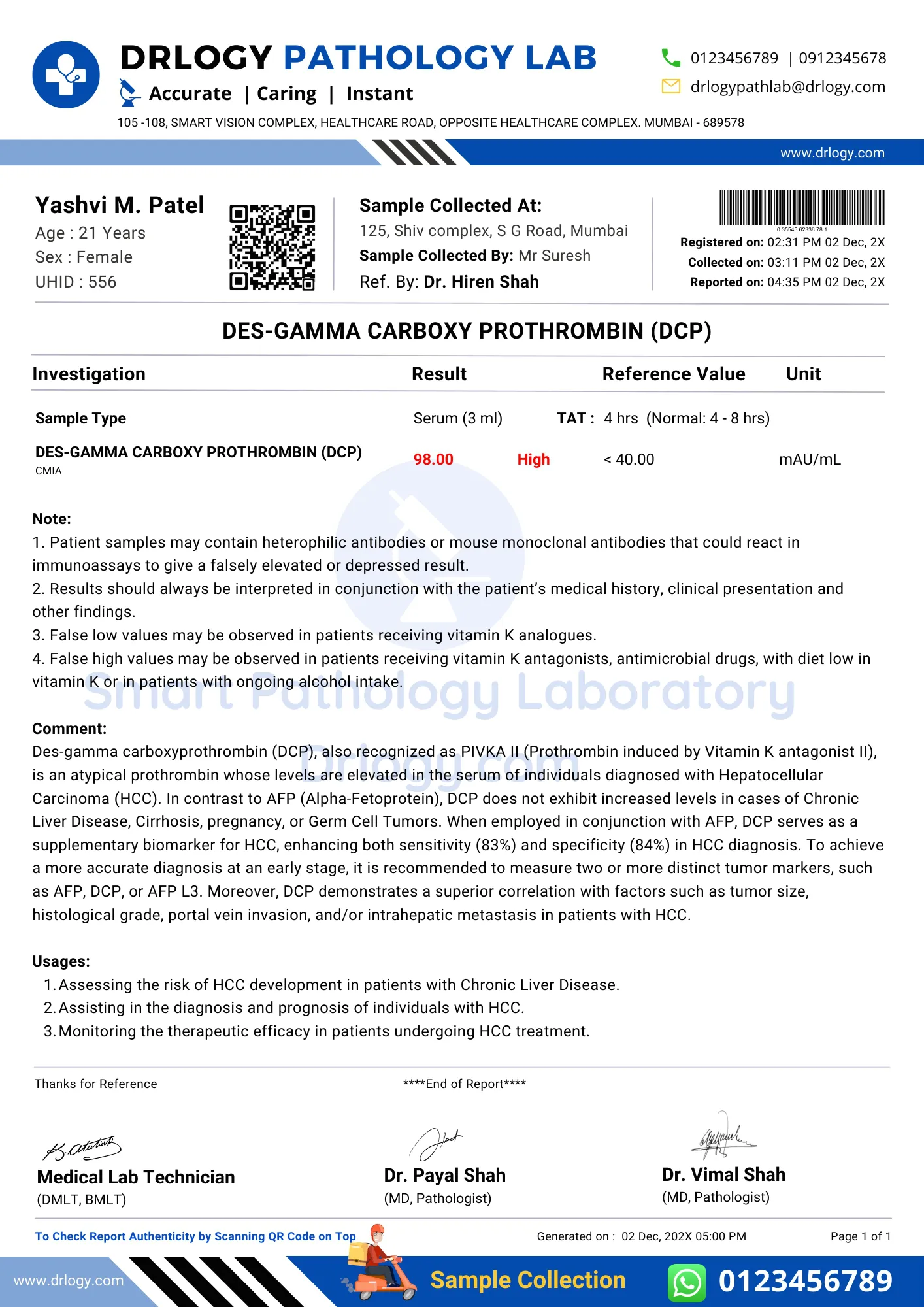 DES GAMMA CARBOXY PROTHROMBIN DCP Test Abnormal Result Report Format - Drlogy Test