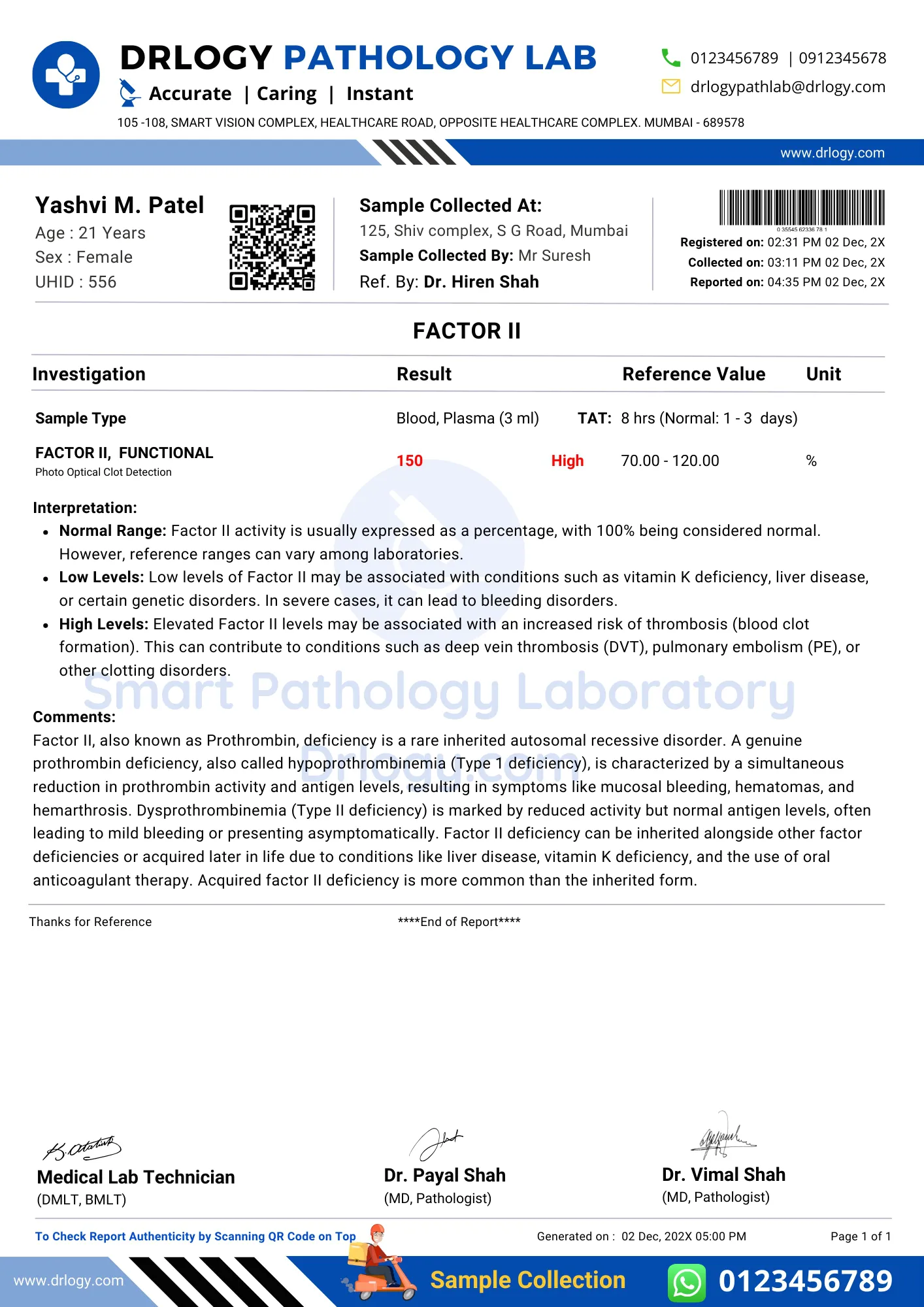 Factor II Test Abnormal Result Report Format - Drlogy Test