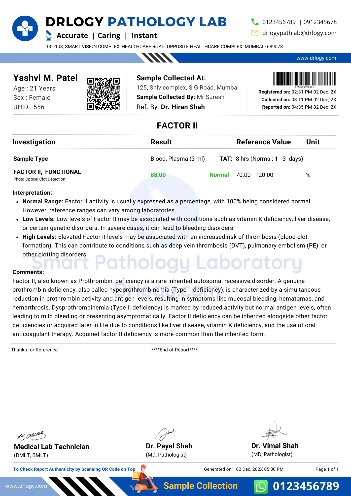 Factor II Test Normal Result Report Format - Drlogy Test