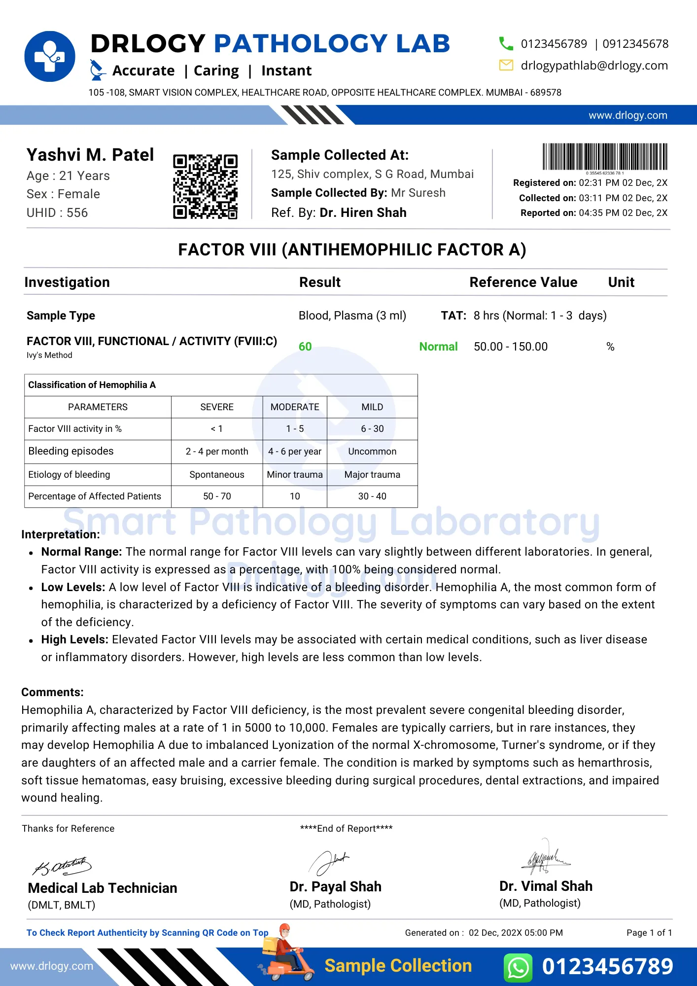 Factor VIII Antihemophilic Factor A Test Normal Result Report Format - Drlogy Test