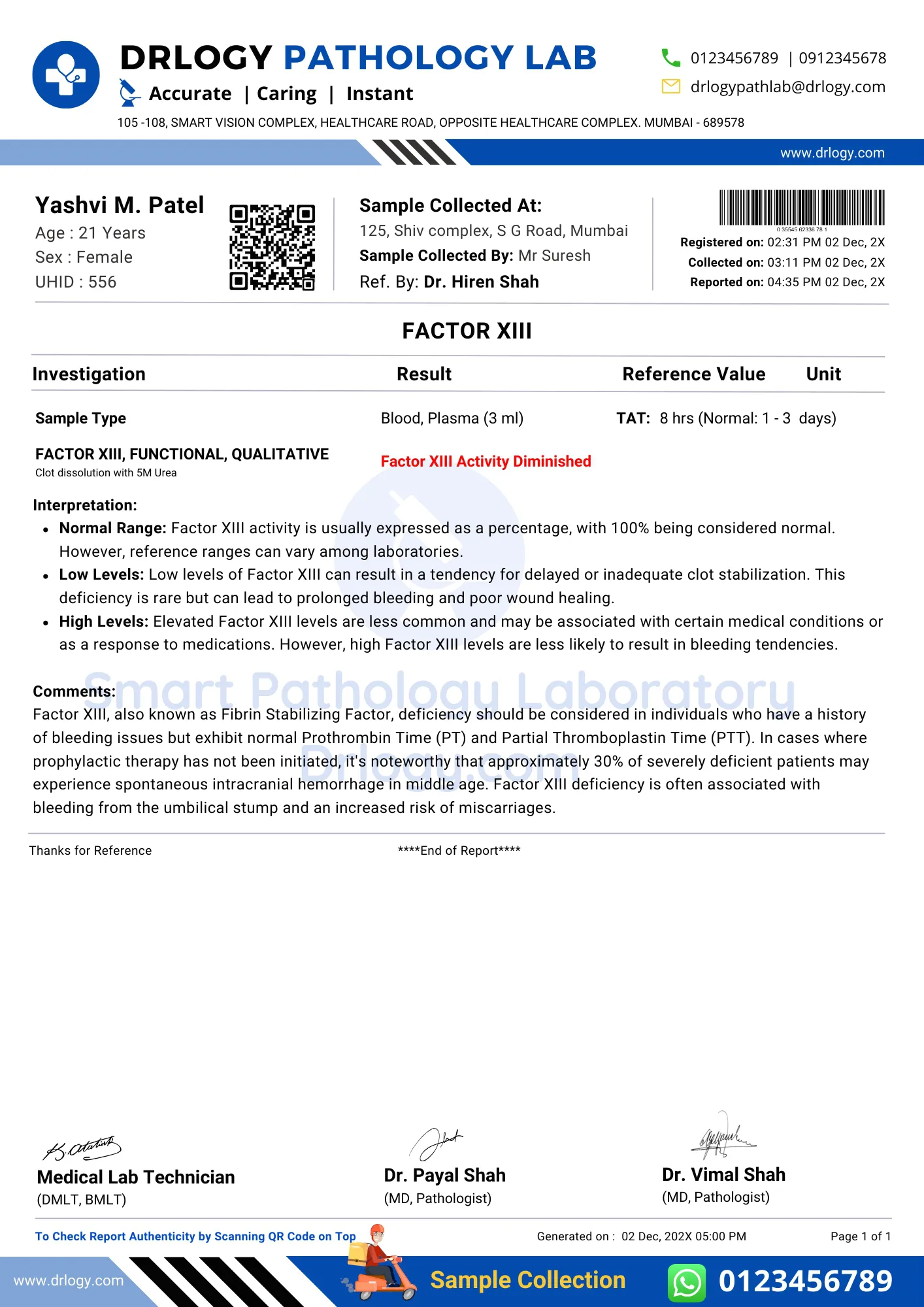 Factor XIII Test Abnormal Result Report Format - Drlogy test