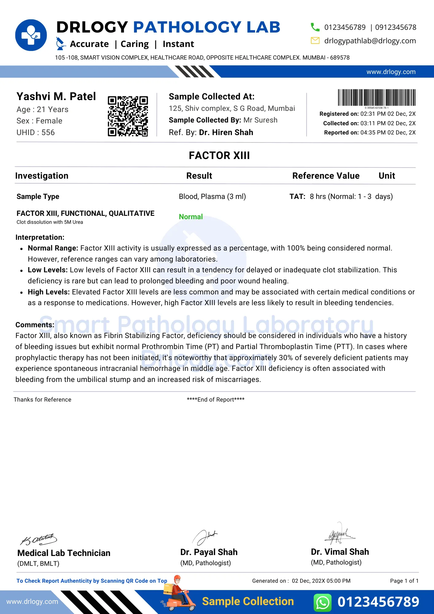 Factor XIII Test Normal Result Report Format - Drlogy Test