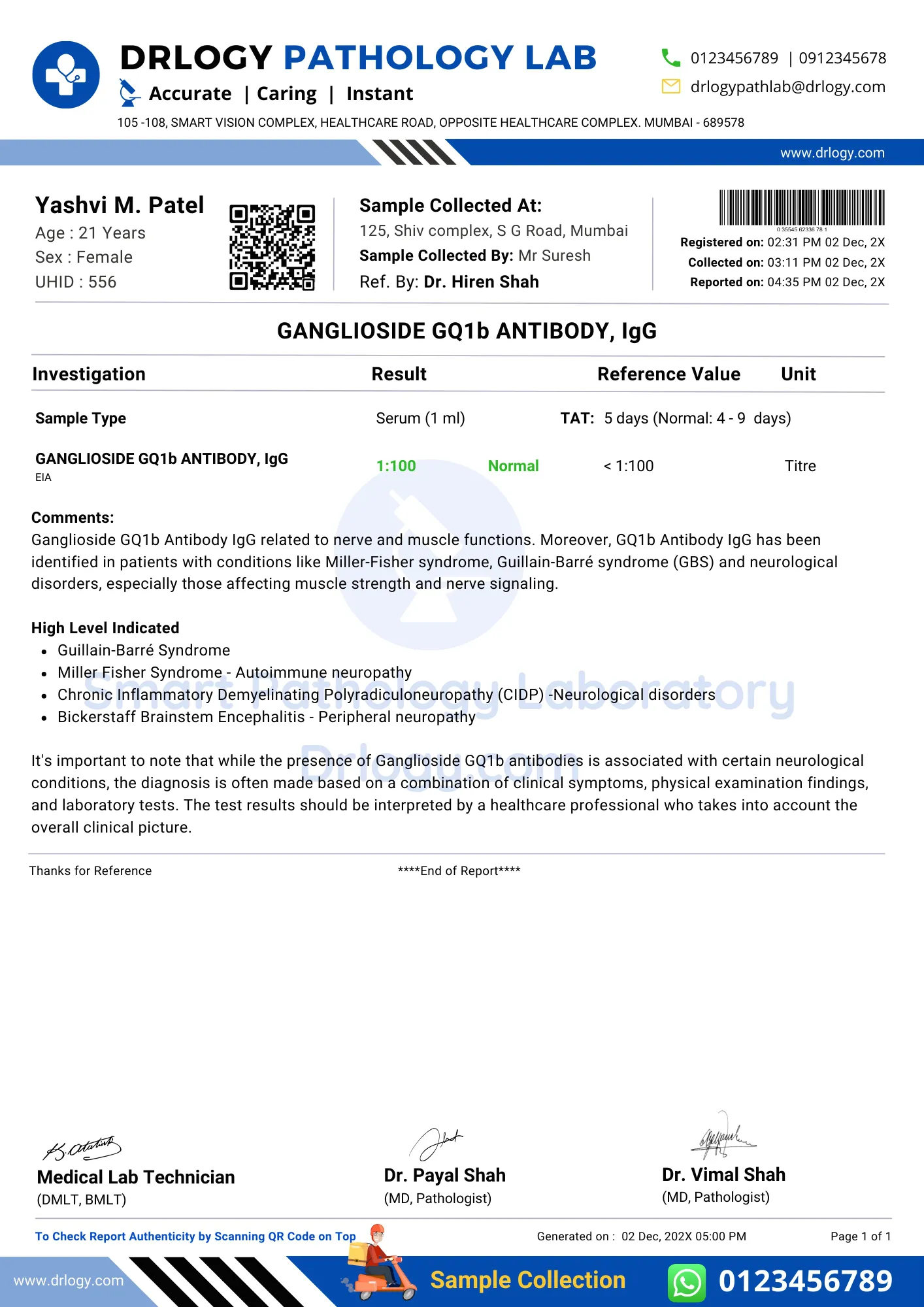 GANGLIOSIDE GQ1b ANTIBODY IgG Test Normal Result Report Format - Drlogy Test Report