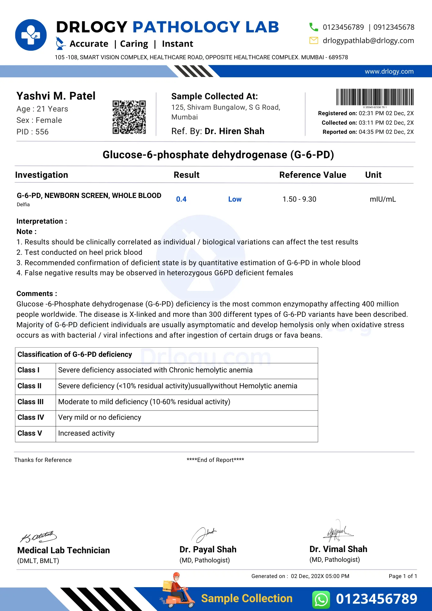 G6PD test report format example sample template- drlogy lab report