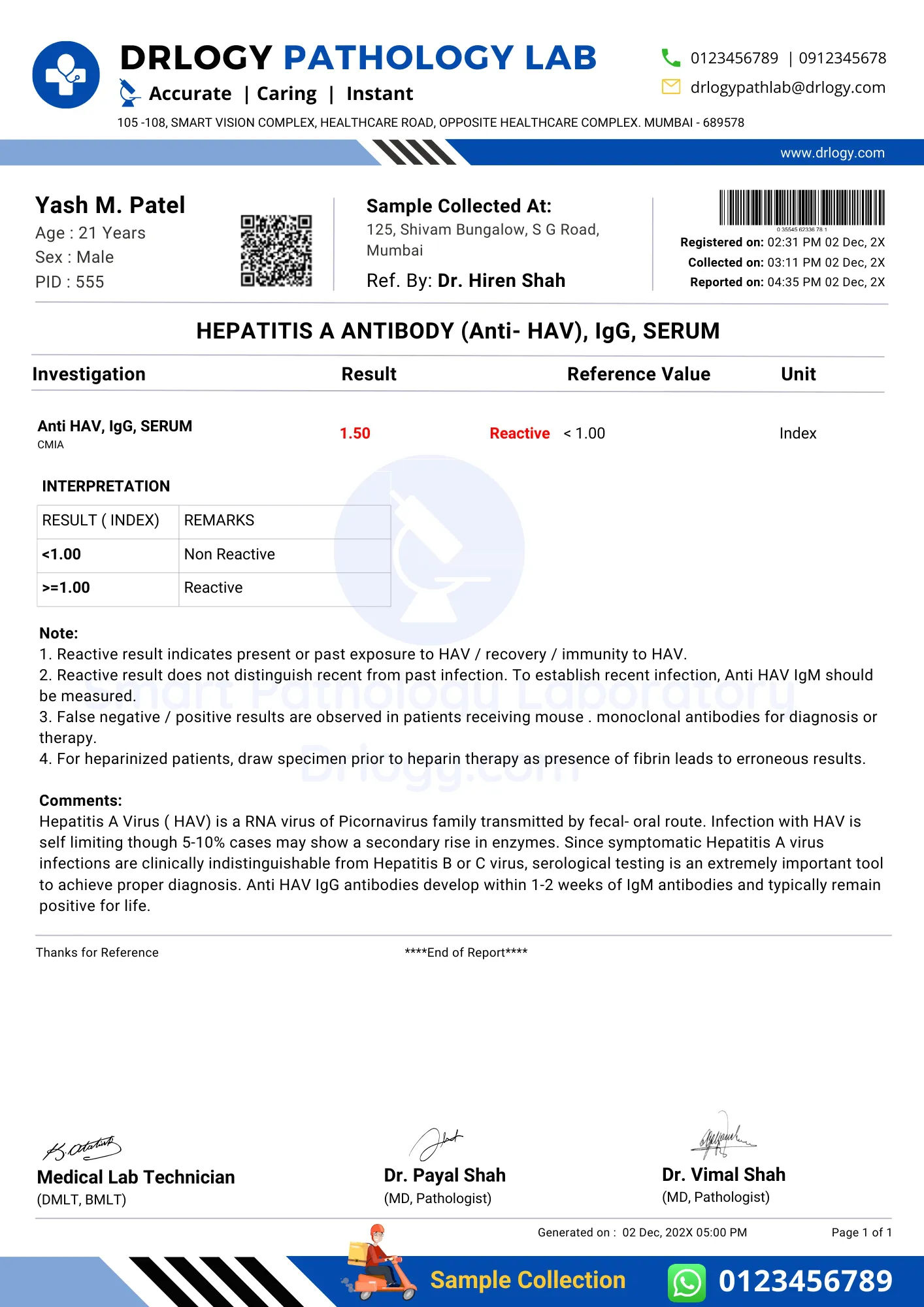 Hepatitis A Antibody IgG Test Report Report Format Example Sample Template - Drlogy Lab Report