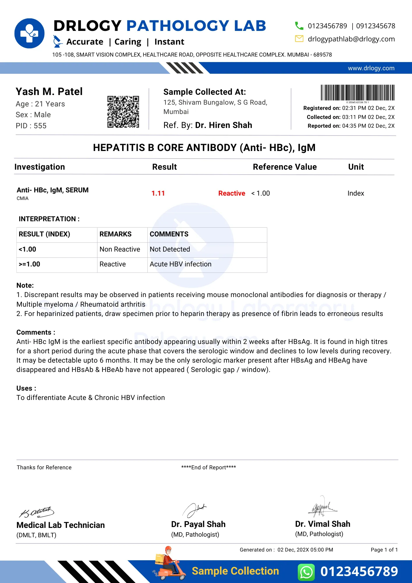 hepatitis b core Antibody anti hbc igm test Report Format Example Sample Template - Drlogy Lab Report