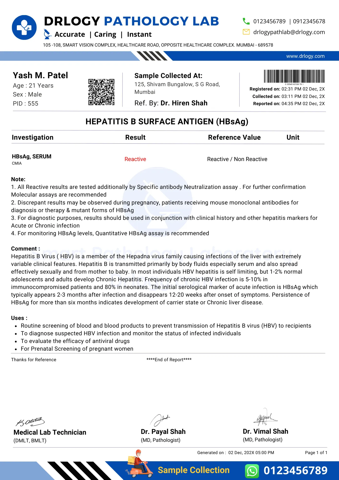 Hepatitis B Surface Antigen HBsAg Report Format Example Sample Template - Drlogy Lab Report