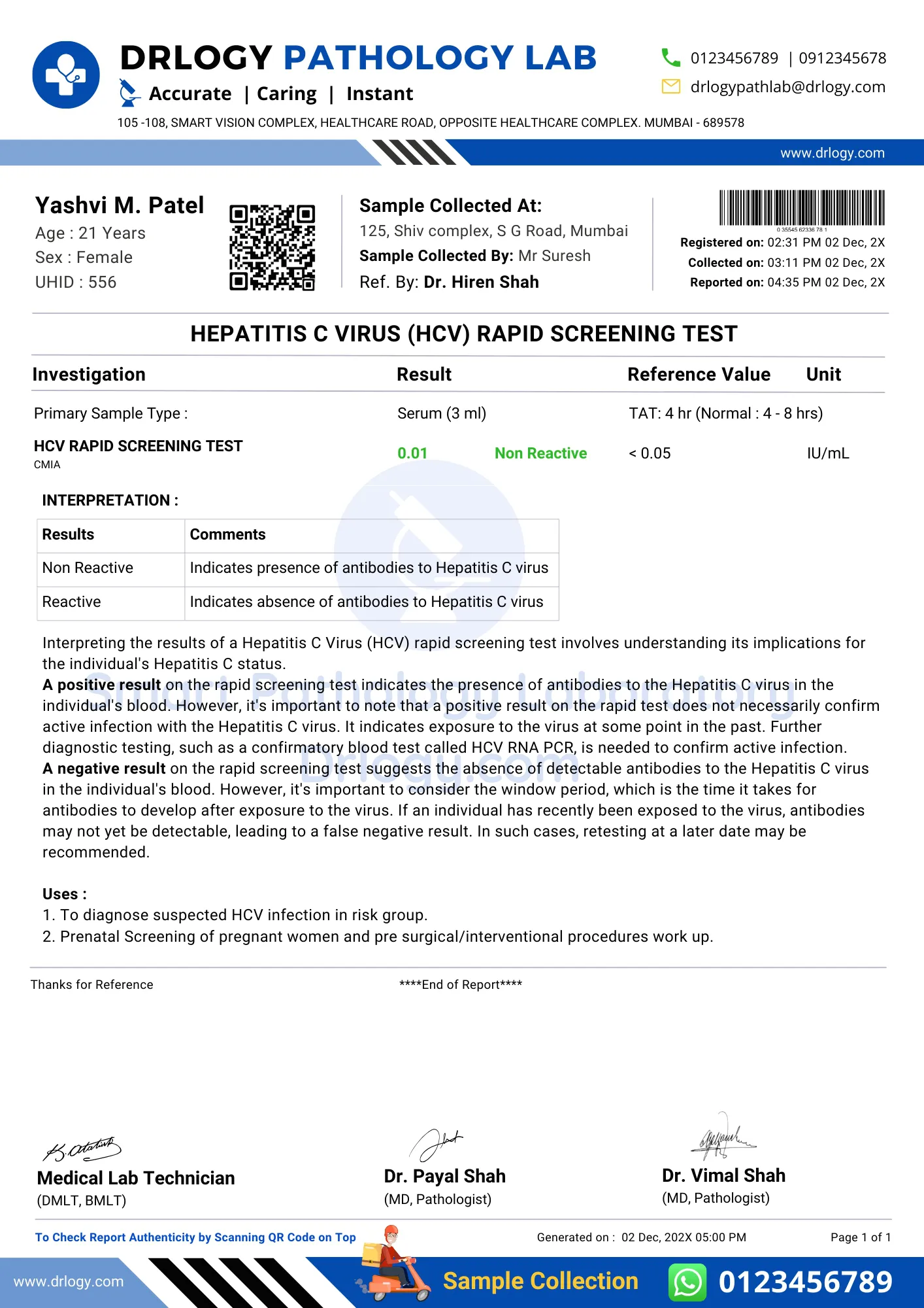 Hepatitis C Virus Hcv Negative Test Report Format Example Sample Template - Drlogy Pathology Lab Report Format