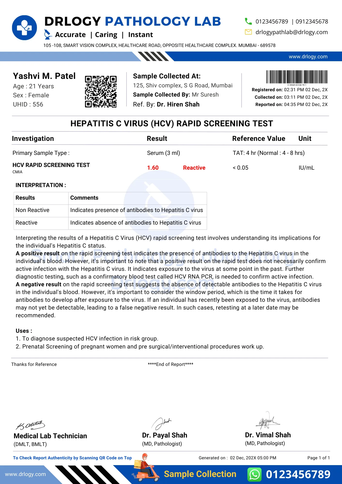 Hepatitis C Virus Hcv Positive Test Report Format Example Sample Template - Drlogy Pathology Lab Report Format
