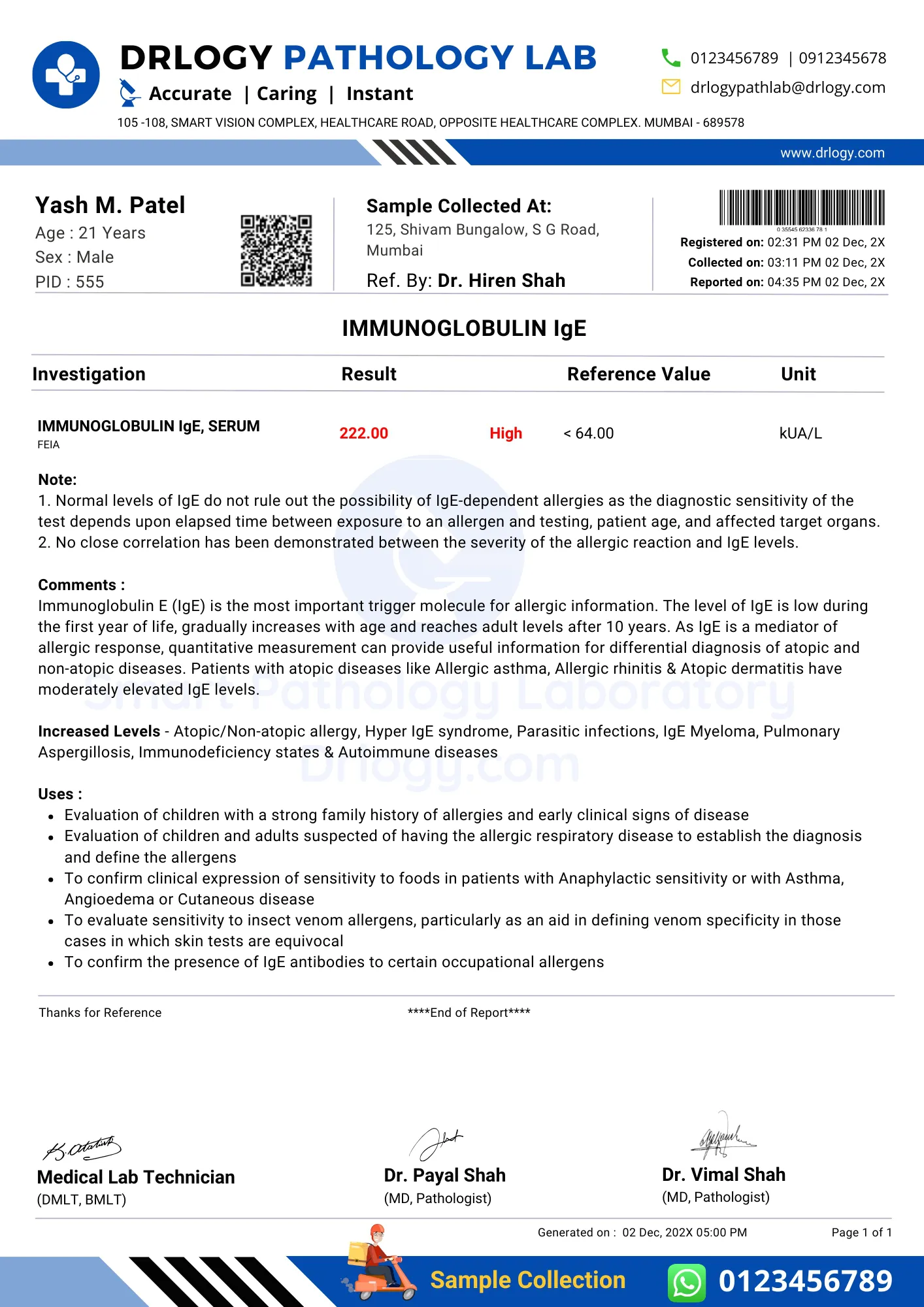 Immunoglobulin E IgE Test Report Format Example Sample Template Drlogy Lab Report