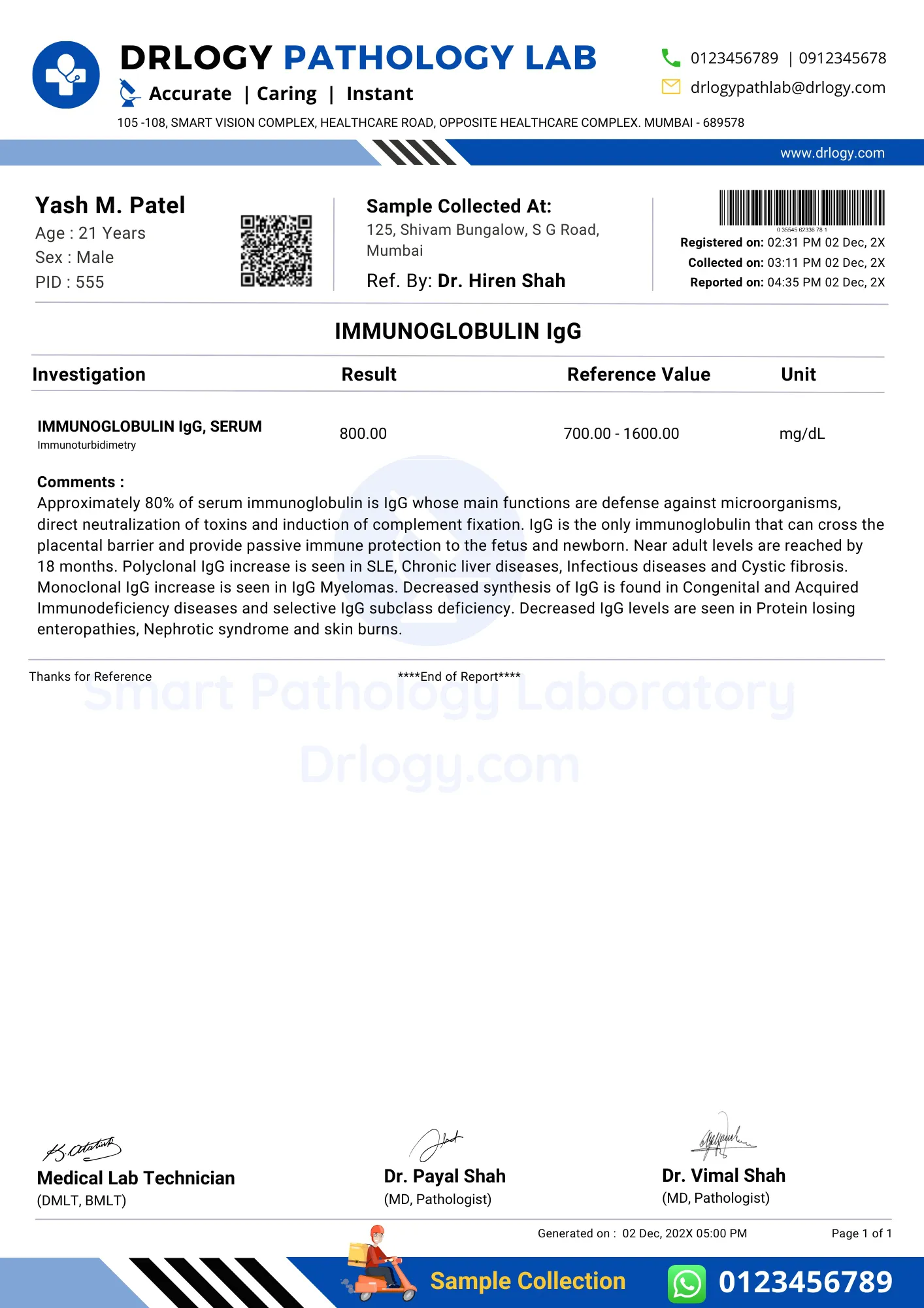 Immunoglobulin G IgG Test Report Format Example Sample Template Drlogy Lab Report