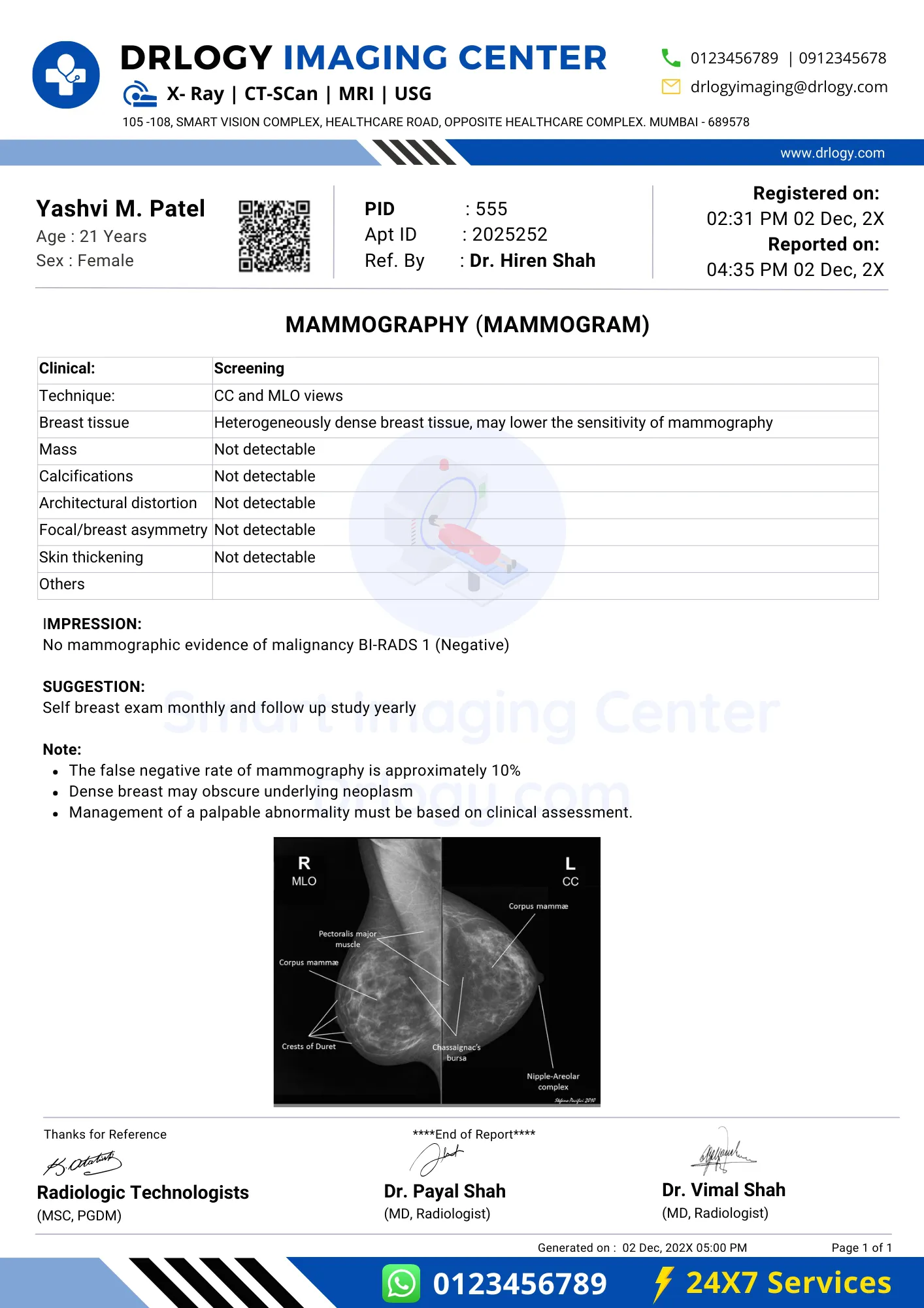 Mammography Report Format Example Sample Template - Drlogy Lab Report