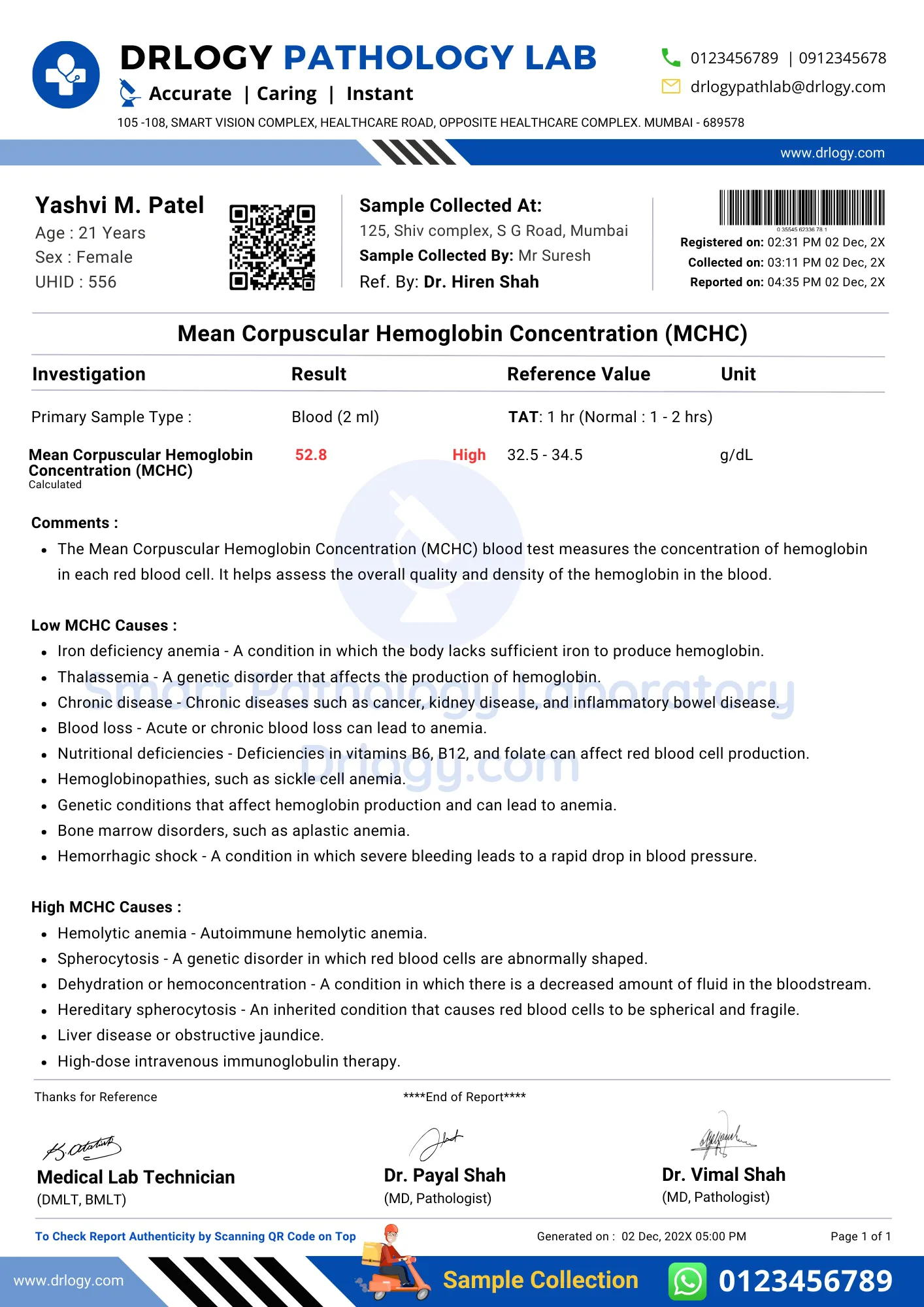 MCHC Test Abnormal Report Format Example Sample Template - Drlogy Pathology Lab Report Format