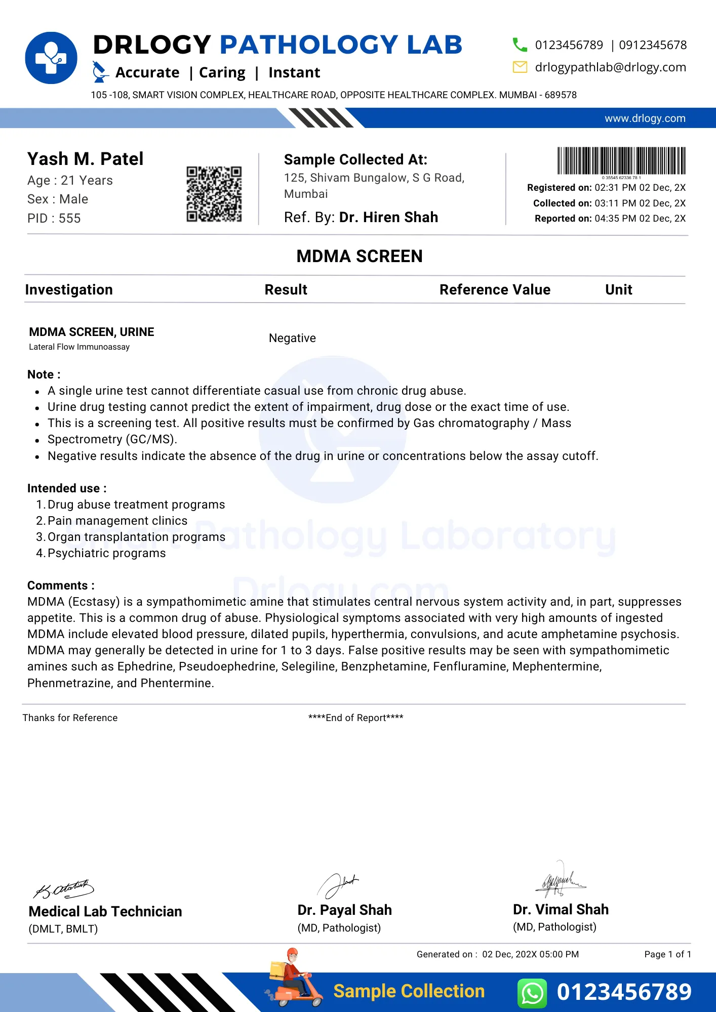 MDMA scereen urine test report format example sample template- drlogy lab report