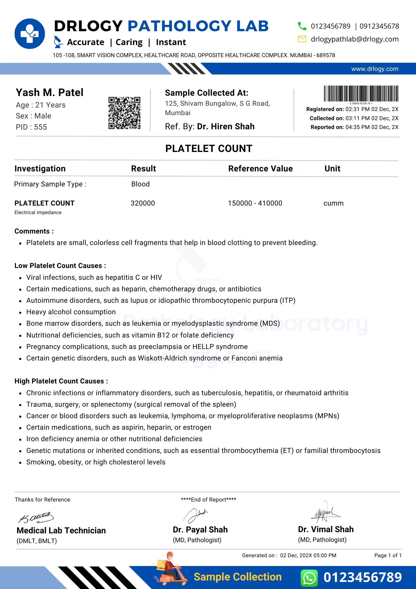 Platelet Count Test Report - Drlogy Test