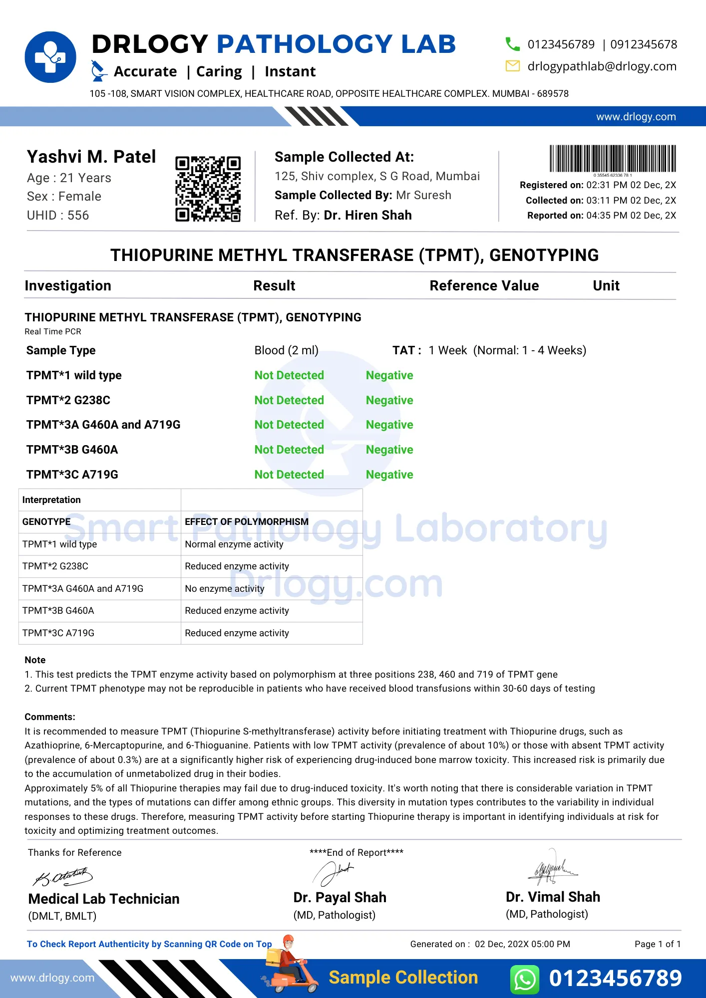 THIOPURINE METHYL TRANSFERASE TPMT GENOTYPING Test Negative Result Report Format - Drlogy Test