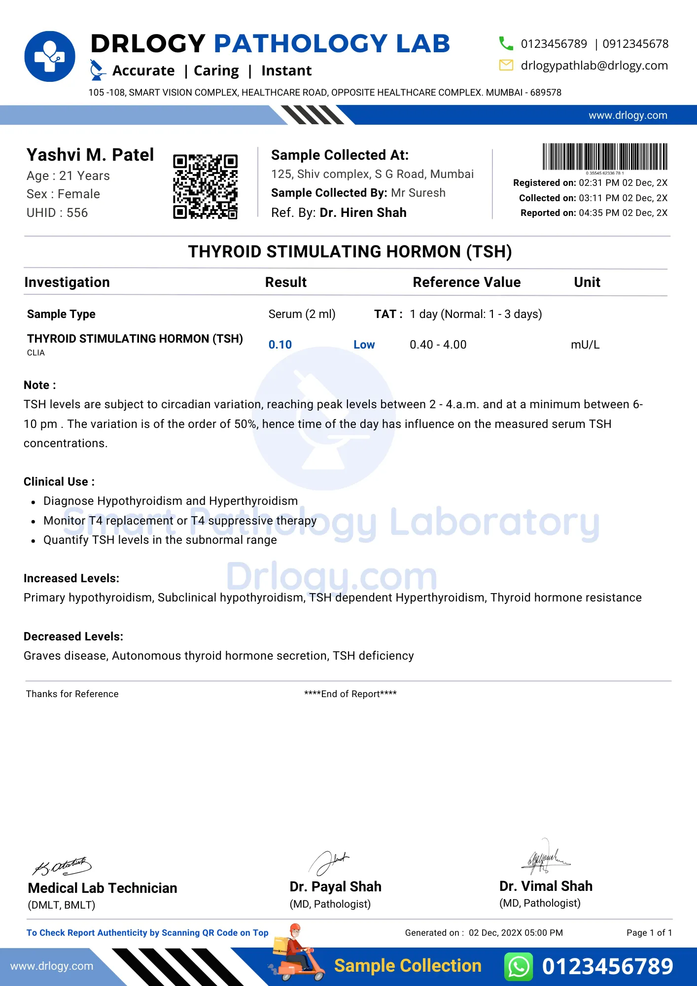 TSH Test Abnormal Report Format Example Sample Template - Drlogy Pathology Lab Report Format