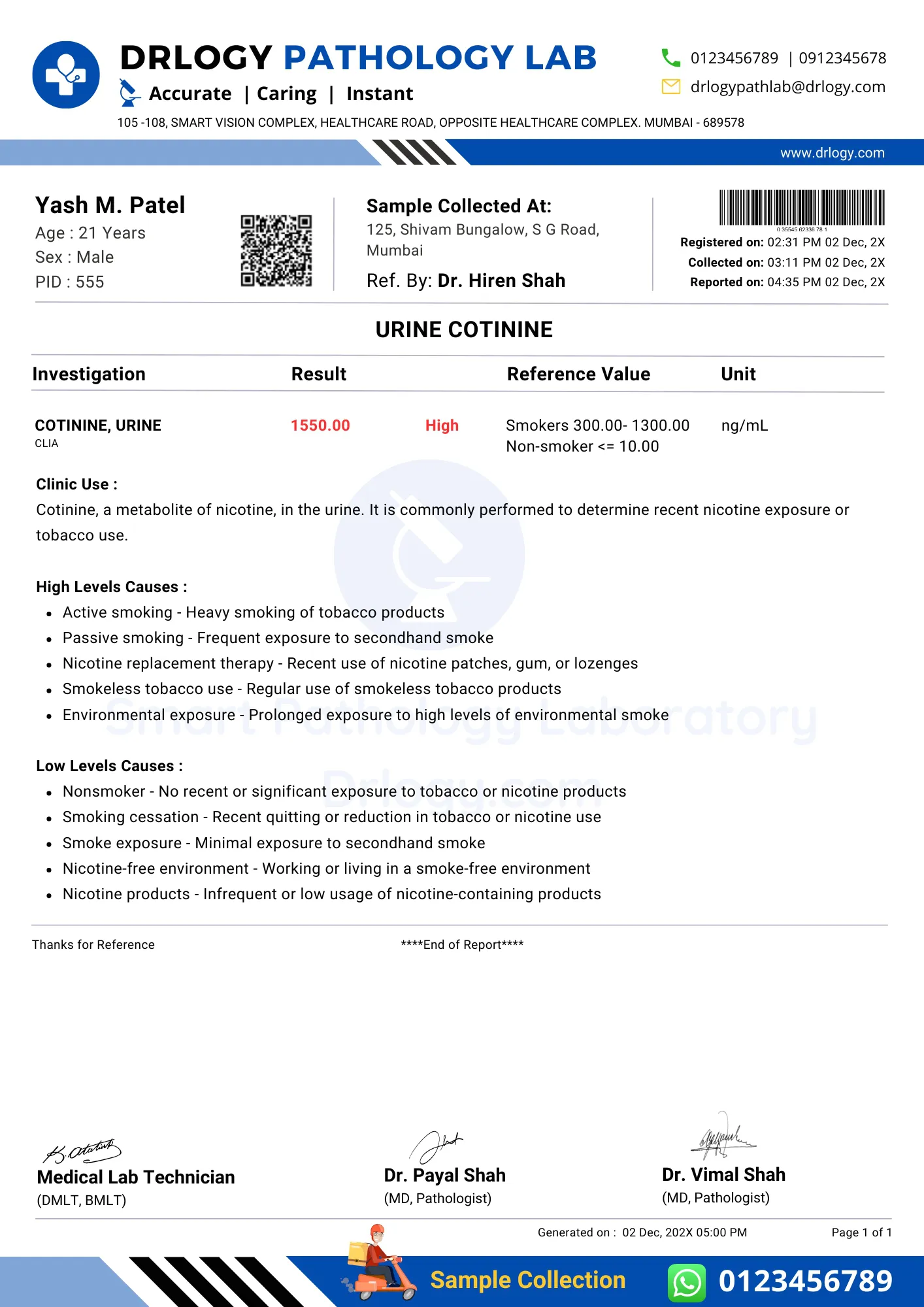 Urine Cotinine Test report - Drlogy Test