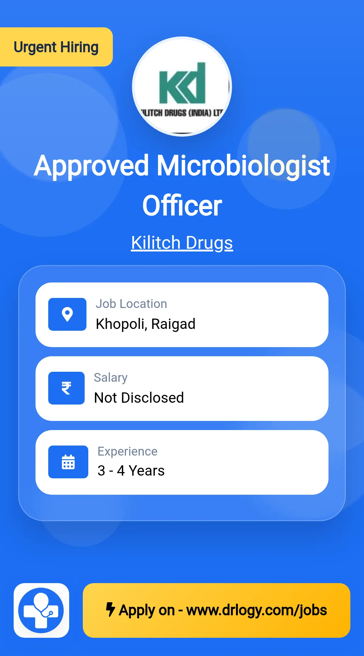 Approved Microbiologist Officer Job in Raigad at Kilitch Drugs