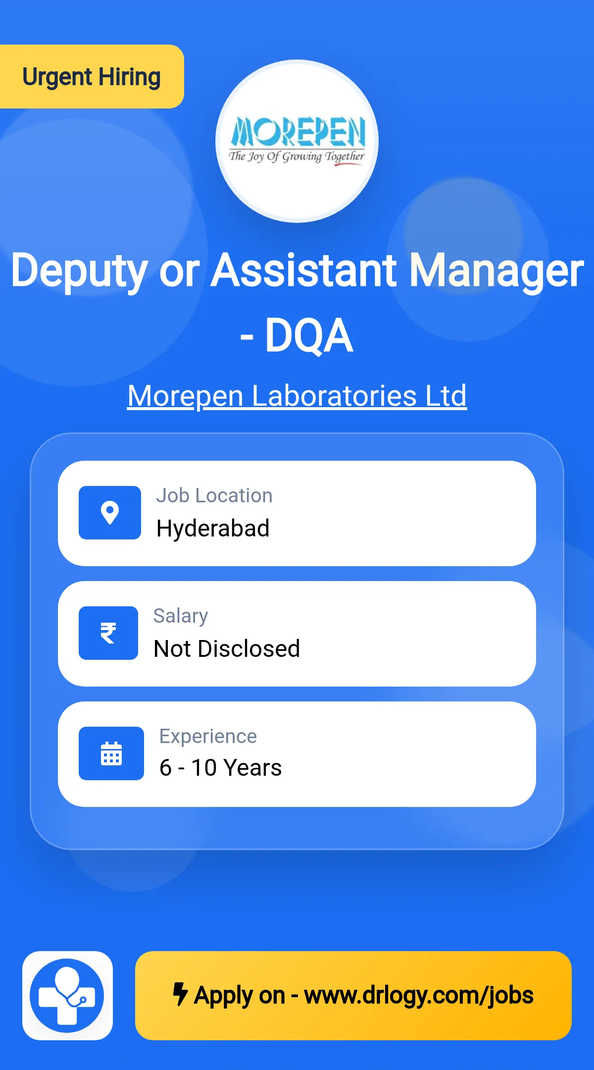 Deputy or Assistant Manager - DQA Job in Hyderabad at Morepen Laboratories Ltd