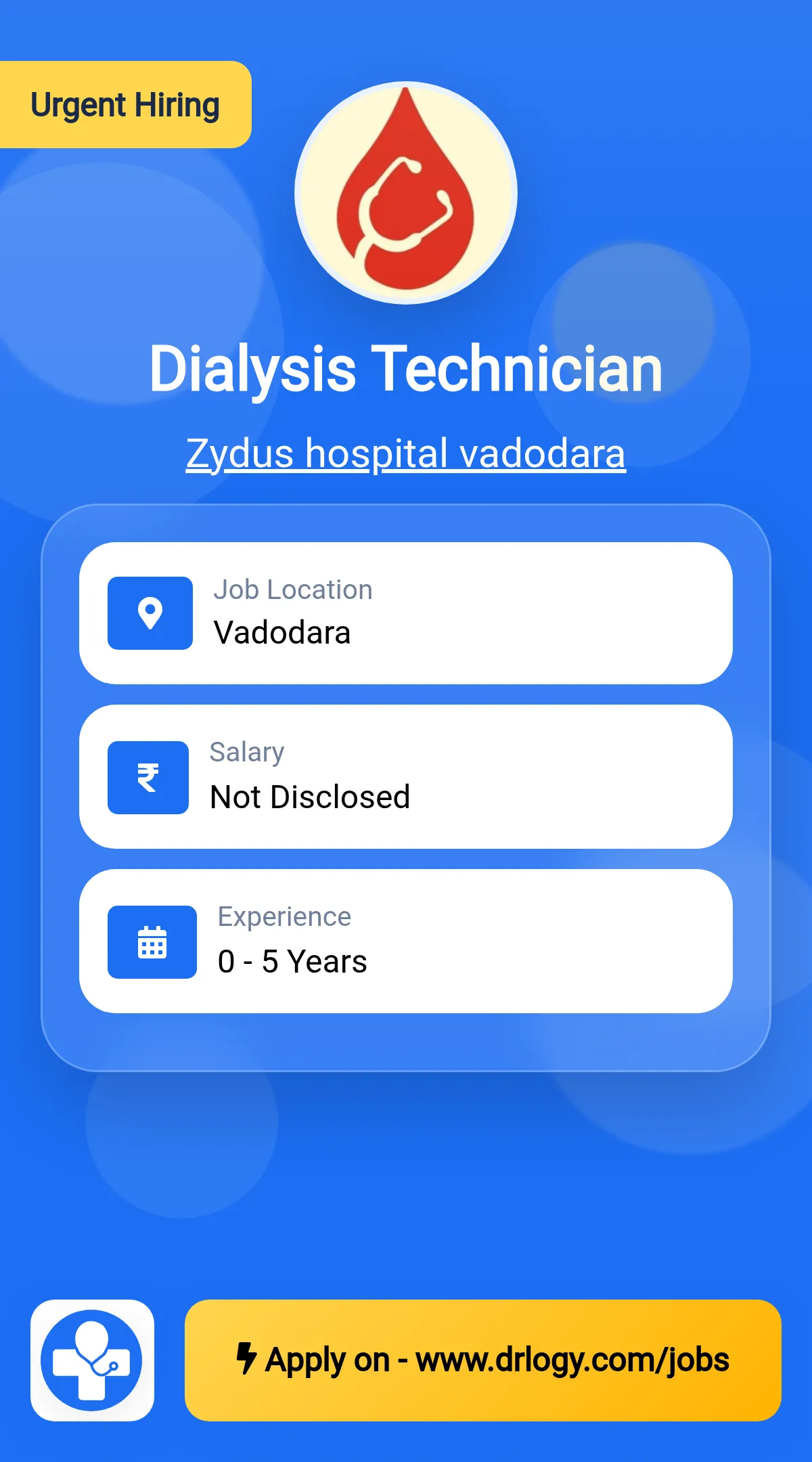 Dialysis Technician Job in Vadodara at Zydus hospital vadodara