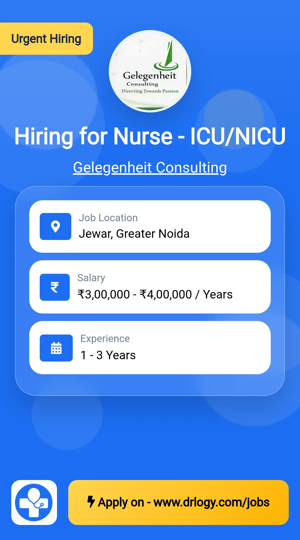 Hiring for Nurse - ICU/NICU Job in Greater Noida at Gelegenheit Consulting