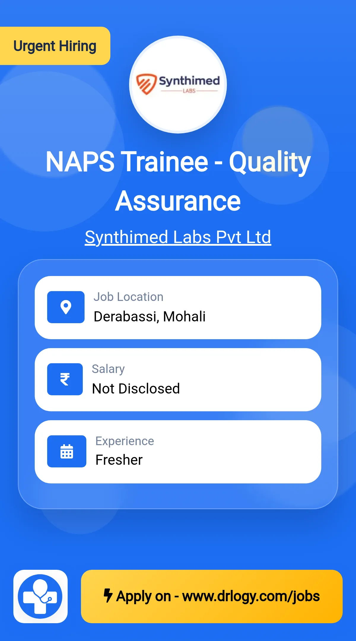 NAPS Trainee - Quality Assurance Job in Mohali at Synthimed Labs Pvt Ltd