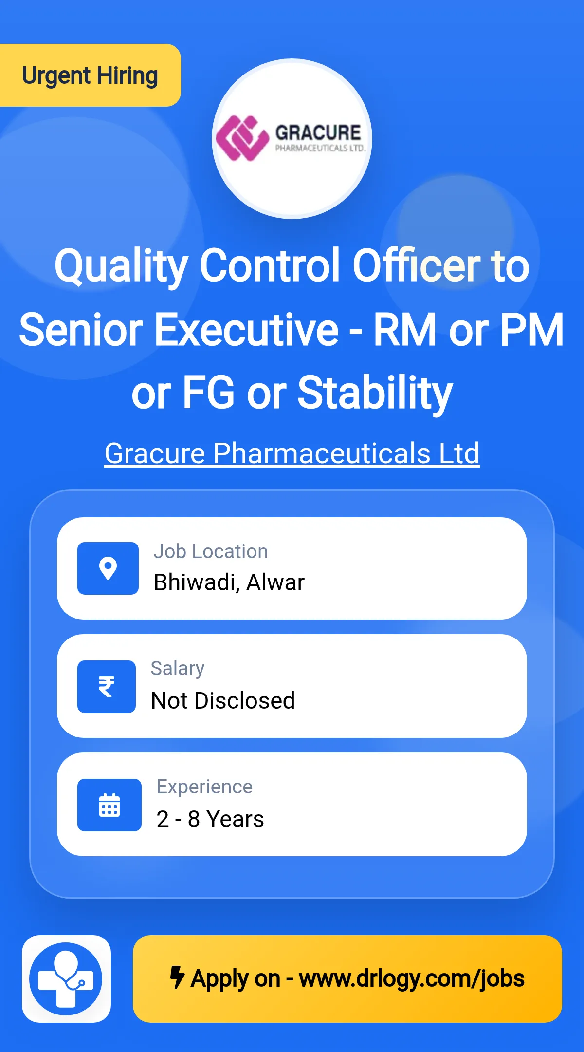 Quality Control Officer to Senior Executive - RM or PM or FG or Stability