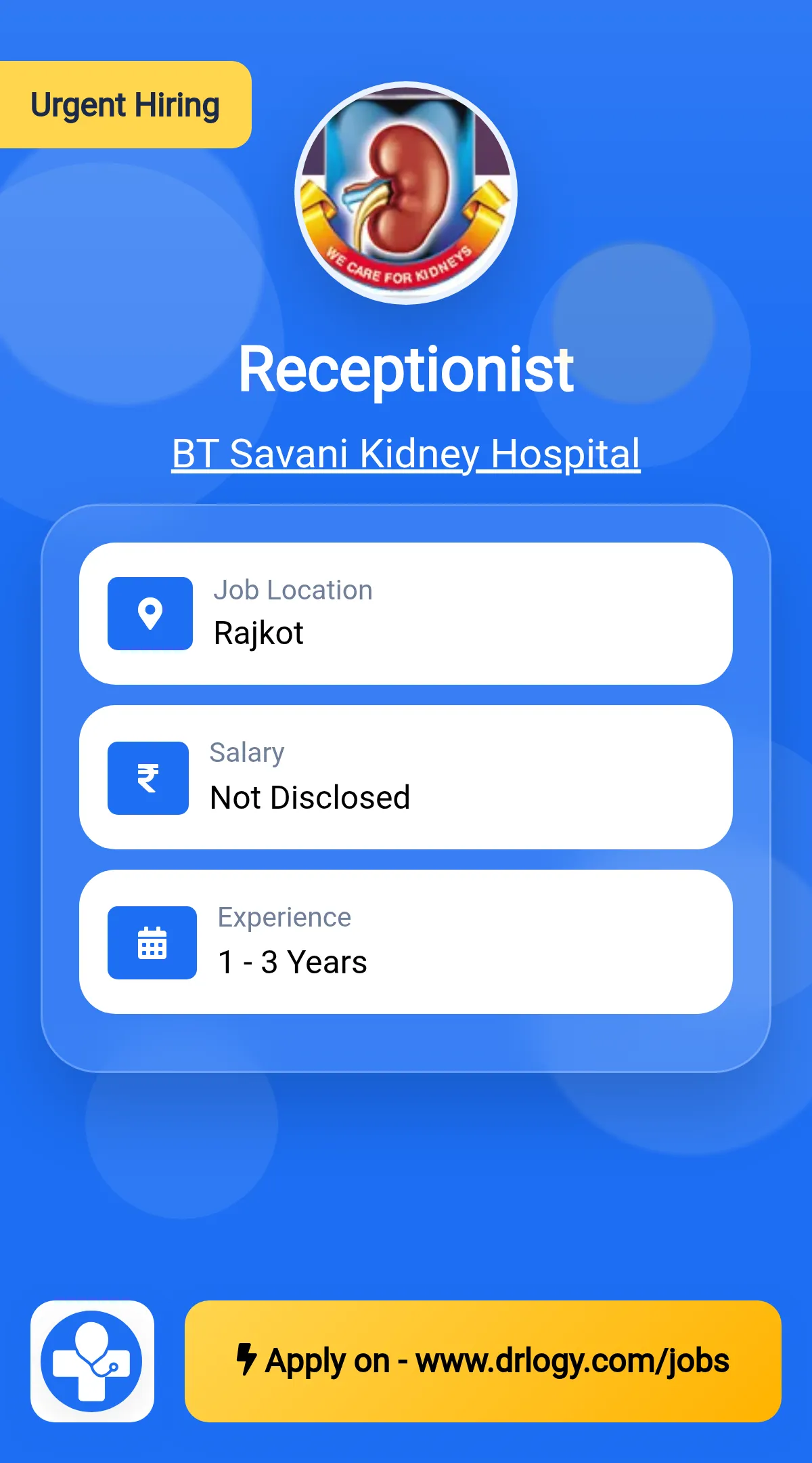 Receptionist Job in Rajkot at BT Savani Kidney Hospital