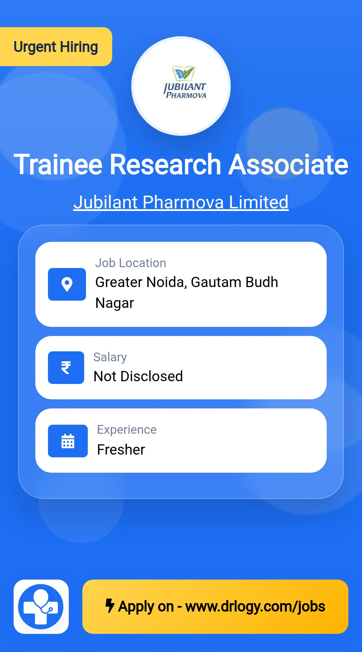 Trainee Research Associate Job in Greater Noida at Jubilant Pharmova Limited