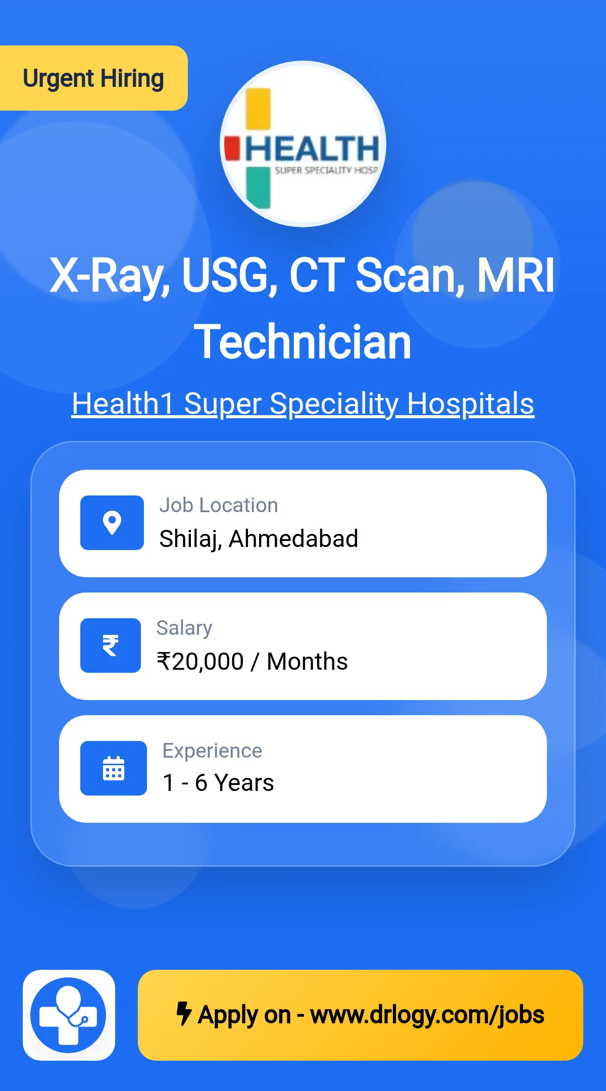 X-Ray, USG, CT Scan, MRI Technician Job in Ahmedabad at Health1 Super Speciality Hospitals