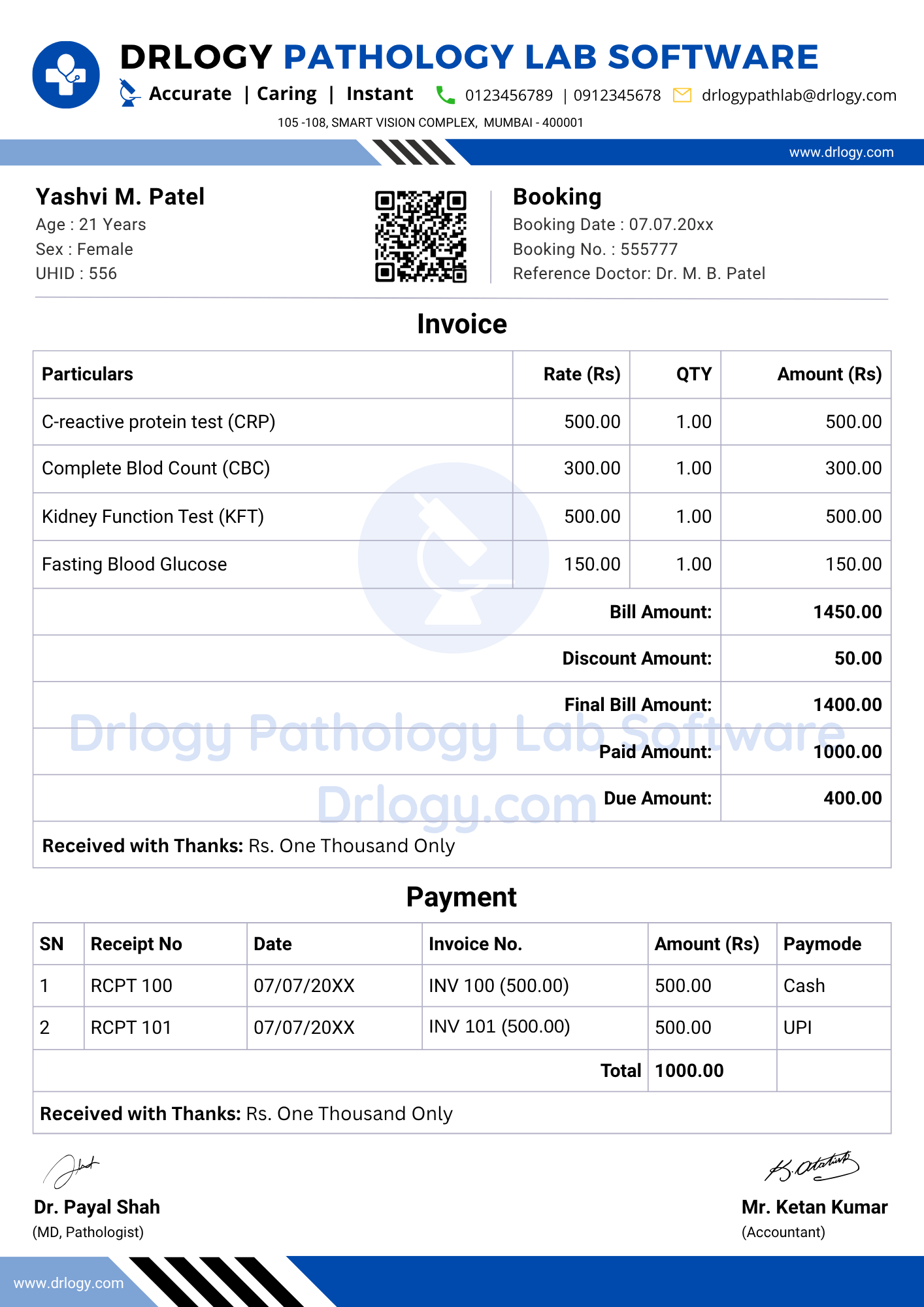 Professional Lab Bill Format by Drlogy Pathology Lab Billing Software