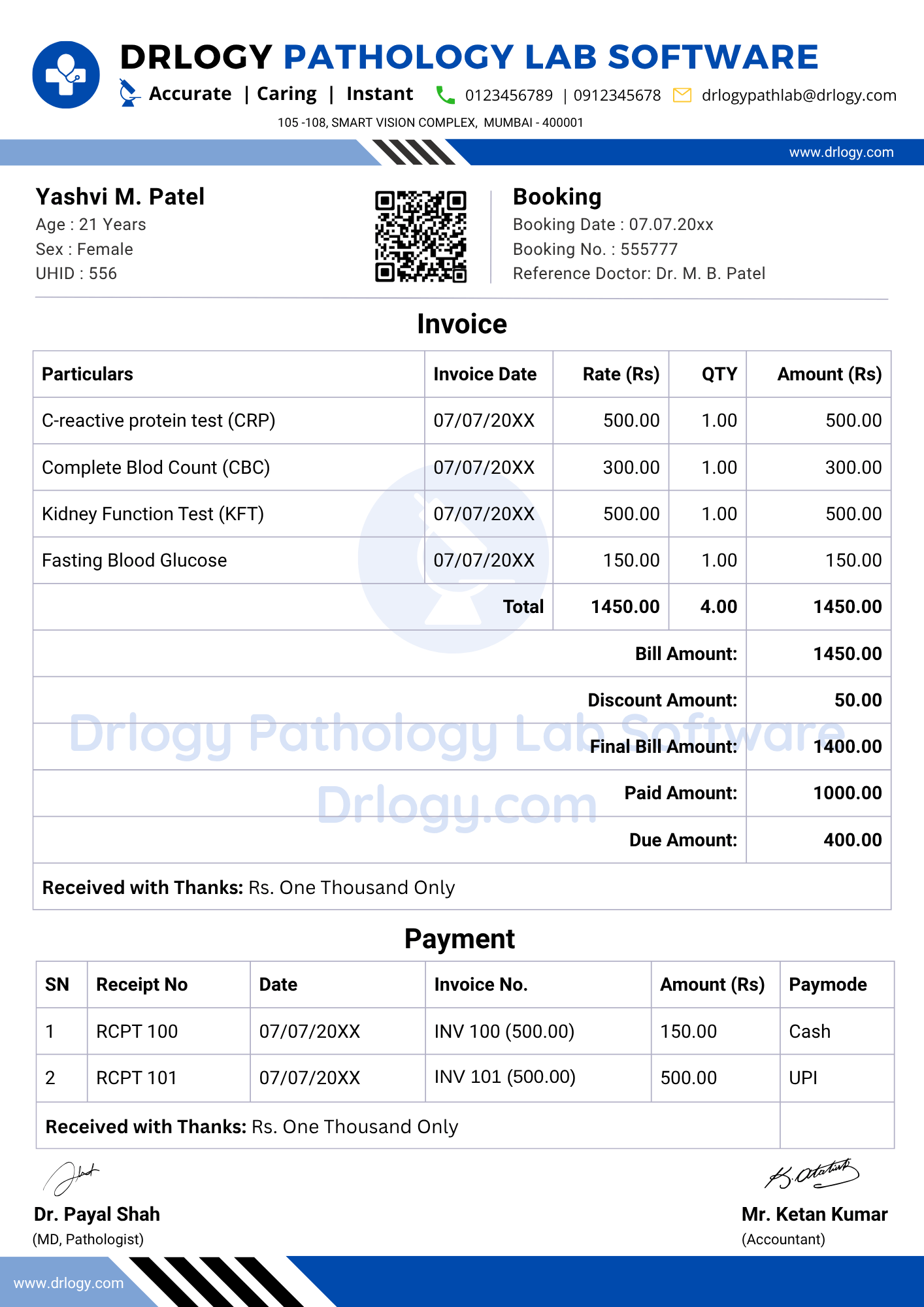 Pathology Lab Billing Format Designed by Drlogy for Accurate Medical Invoices