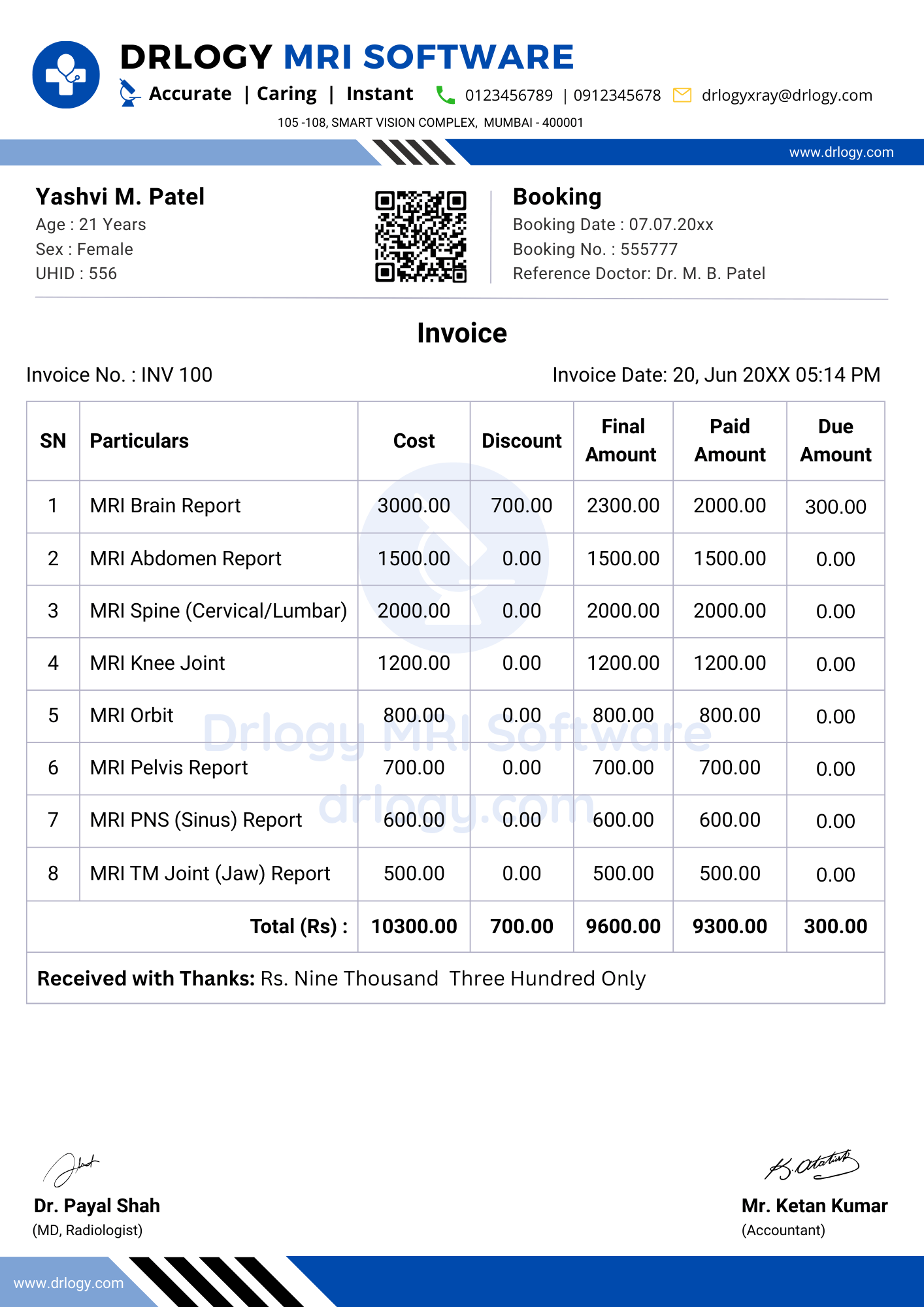 Combined mri invoice bill format designed for scan centers and clinics using radiology MRI software - Drlogy