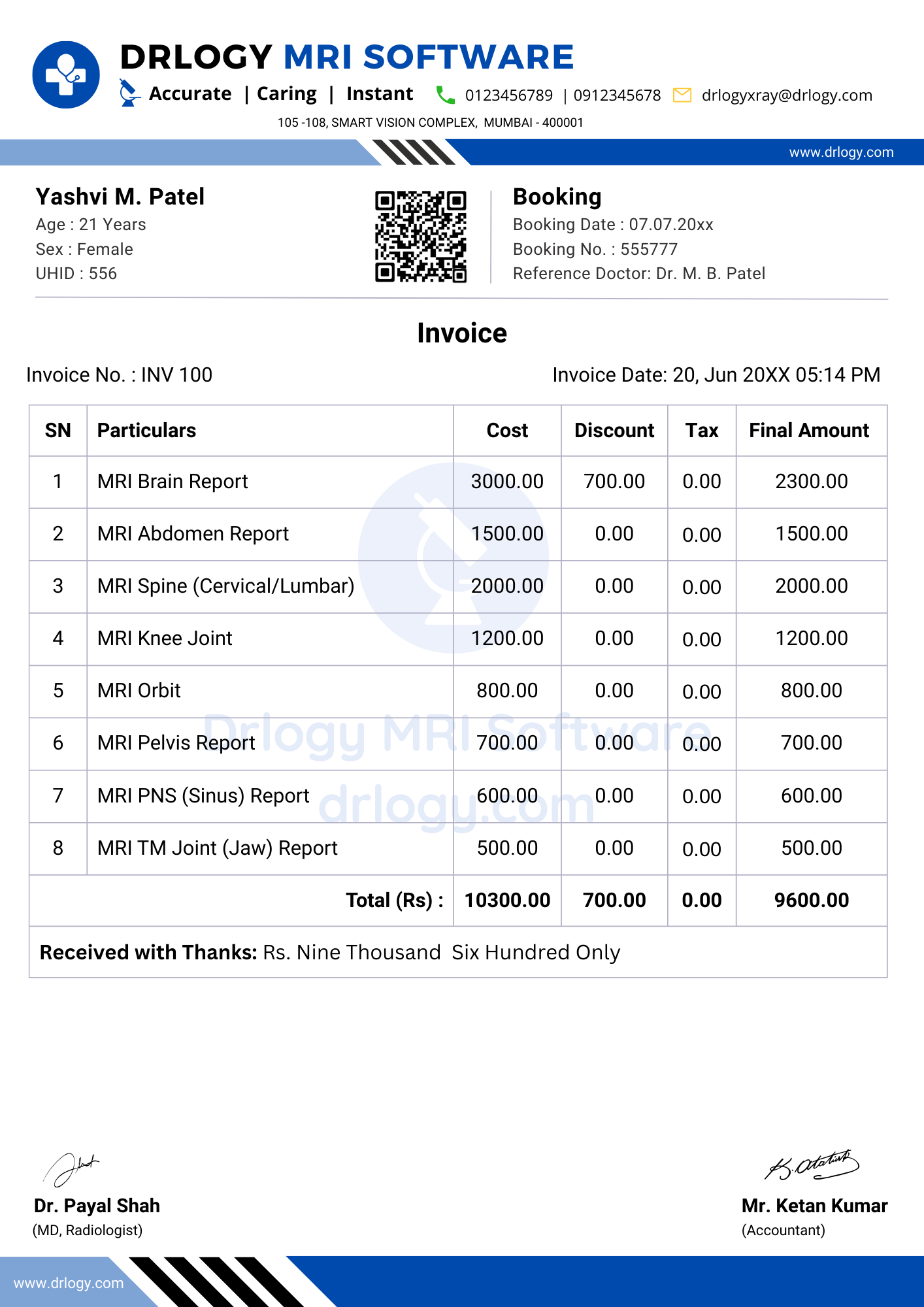 Sample mri invoice format customized for automated billing inside MRI reporting software - Drlogy