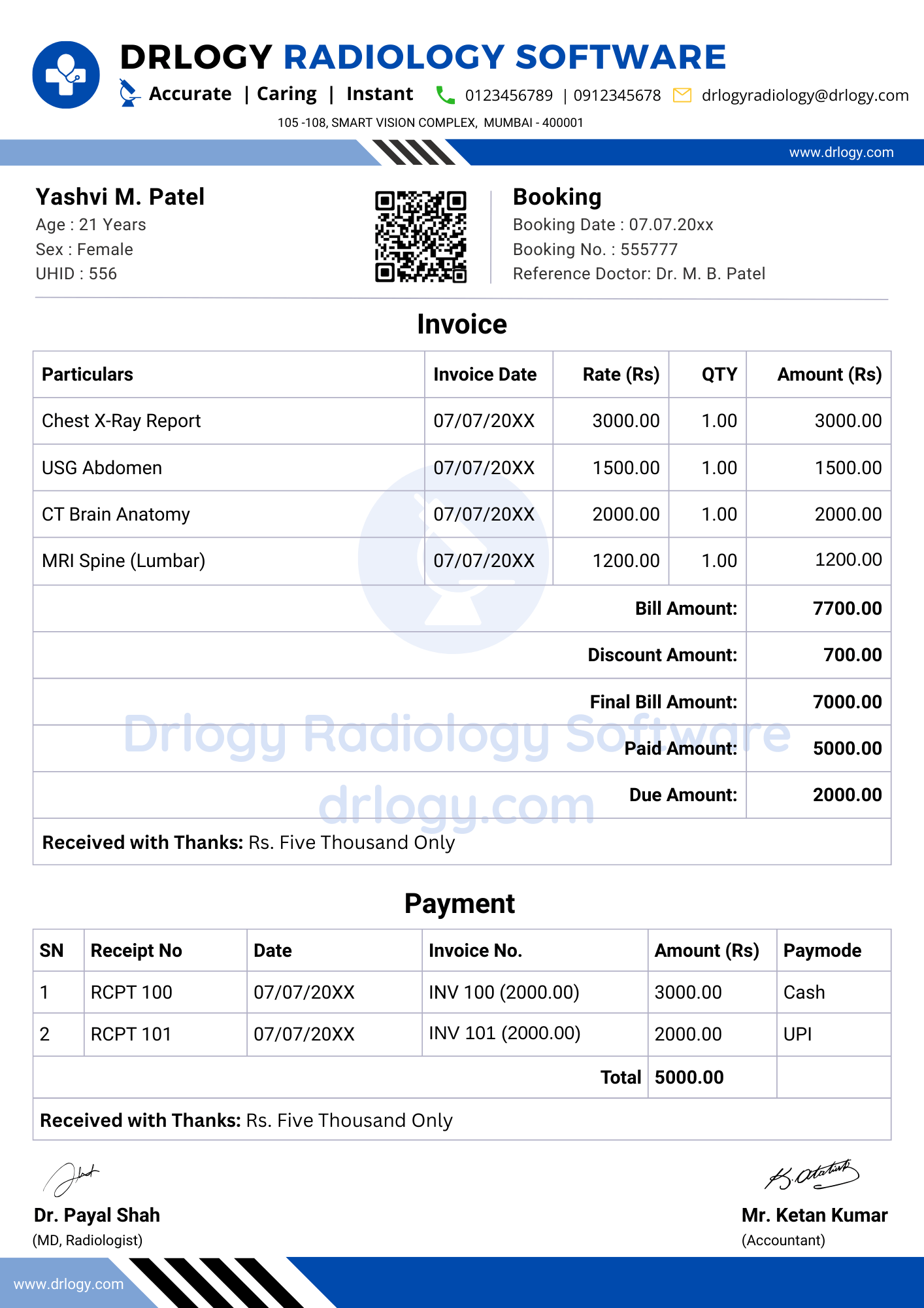 Editable radiology billing template used in scan centers powered by smart radiology software - Drlogy