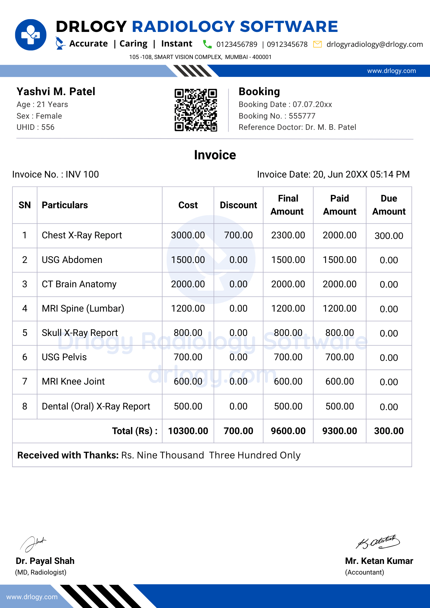 Combined radiology invoice bill format for medical imaging centers using radiology report and invoice software - Drlogy