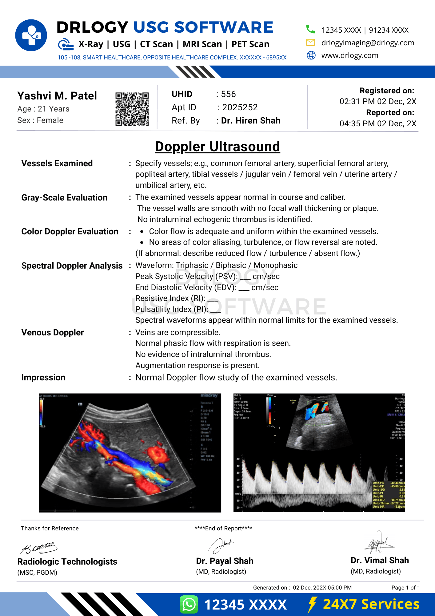 Doppler ultrasound report format sample in Drlogy USG Reporting Software