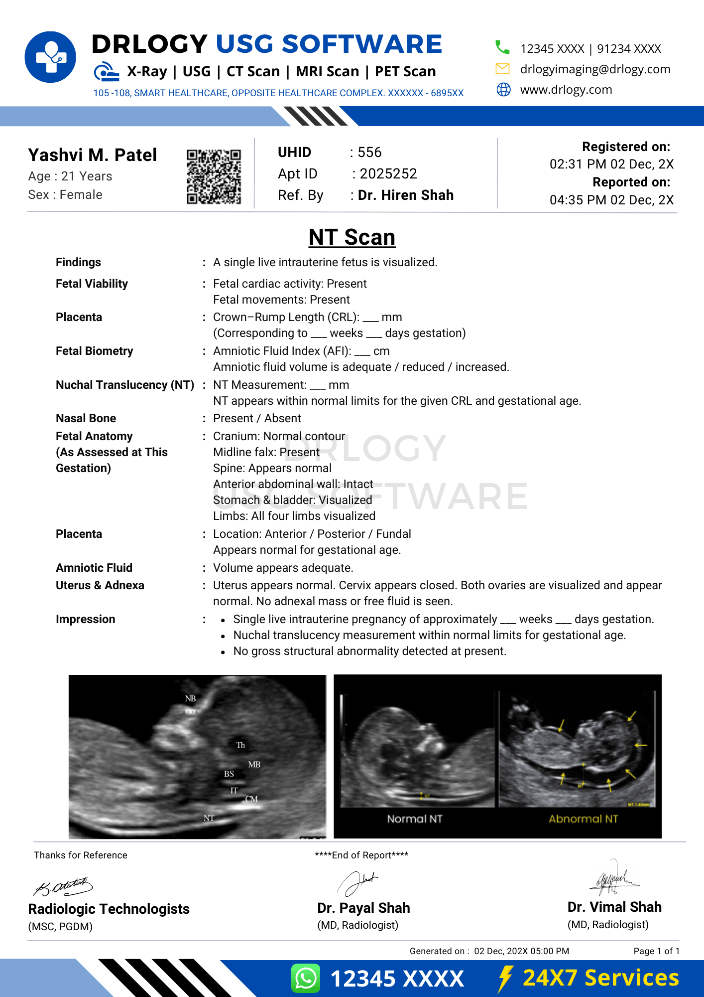 NT scan ultrasound report format example in Drlogy USG Reporting Software