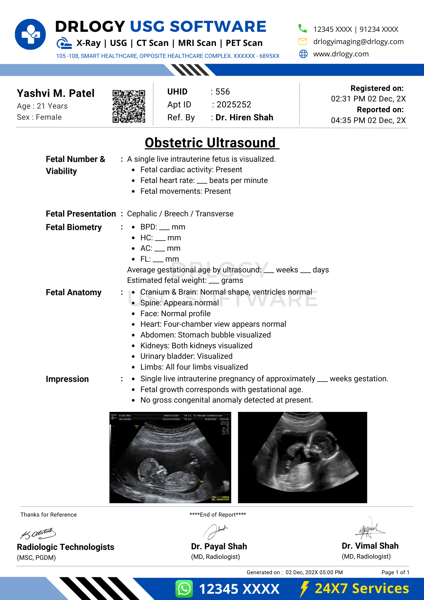 Obstetric ultrasound report format template in Drlogy USG Reporting Software