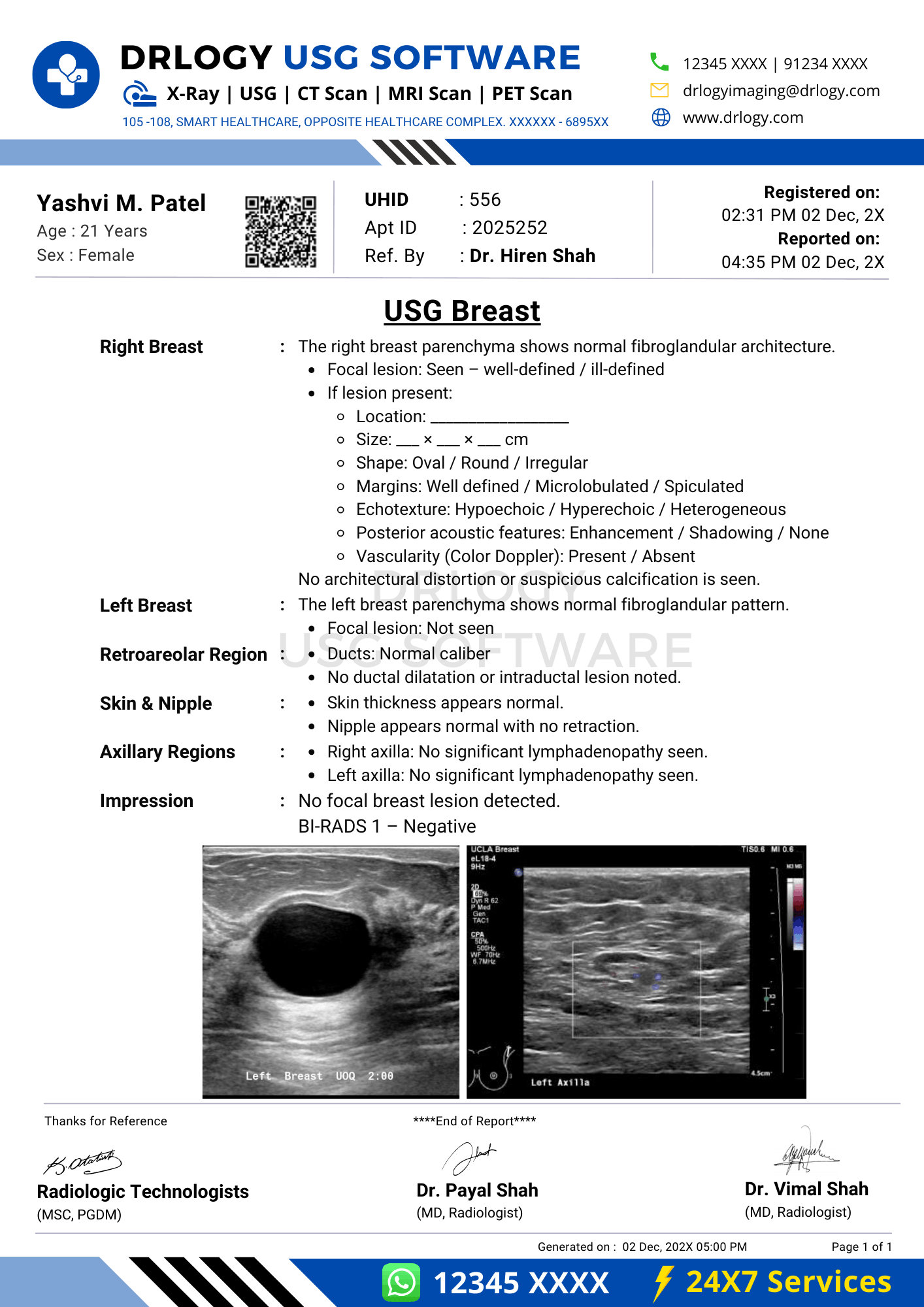 USG breast report format example using Drlogy USG Reporting Software